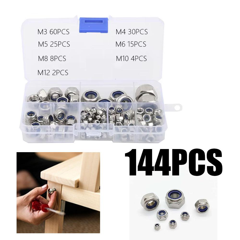 144pcs Stainless Steel Anti-Loosen Nuts, Non-Slip Locking Nuts, Nylon Self-Locking Nuts, Durable Fasteners for Various Applications