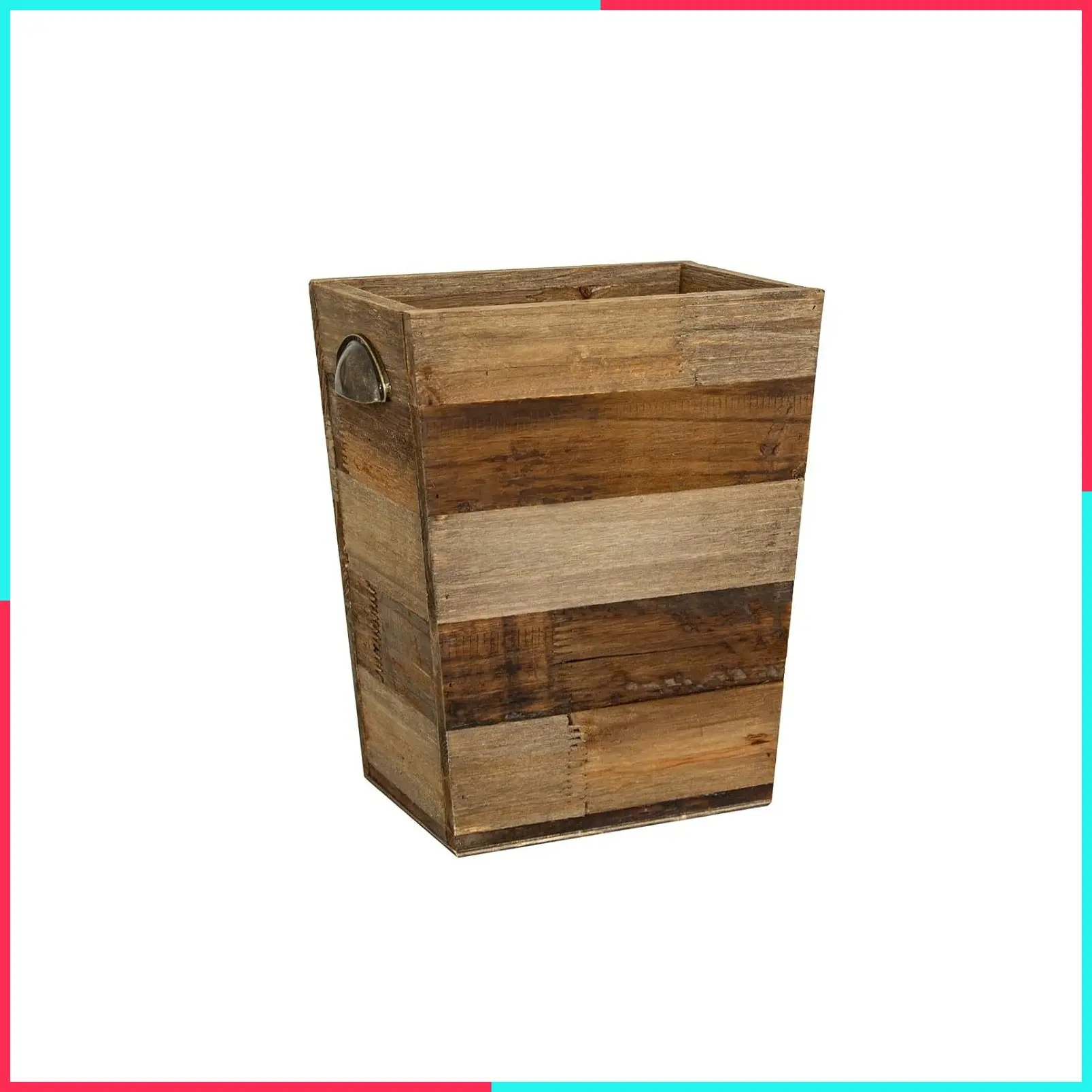 Small Farmhouse Rectangular Wood Trash Can, Rustic Distressed Reclaimed Wood Wastebasket with Metal Handles, Vintage Natural Wooden Recycling Storage Bin
