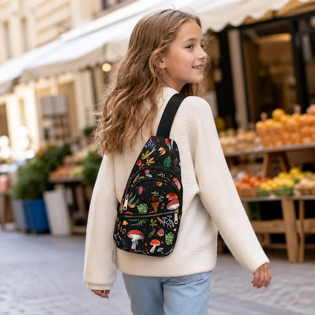 Kids' Nylon Compact Playful Forest Mushroom Print Crossbody Bag - Black Botanical Sling Bag with Layered Zippers, Multiple Pockets for Everyday Wear