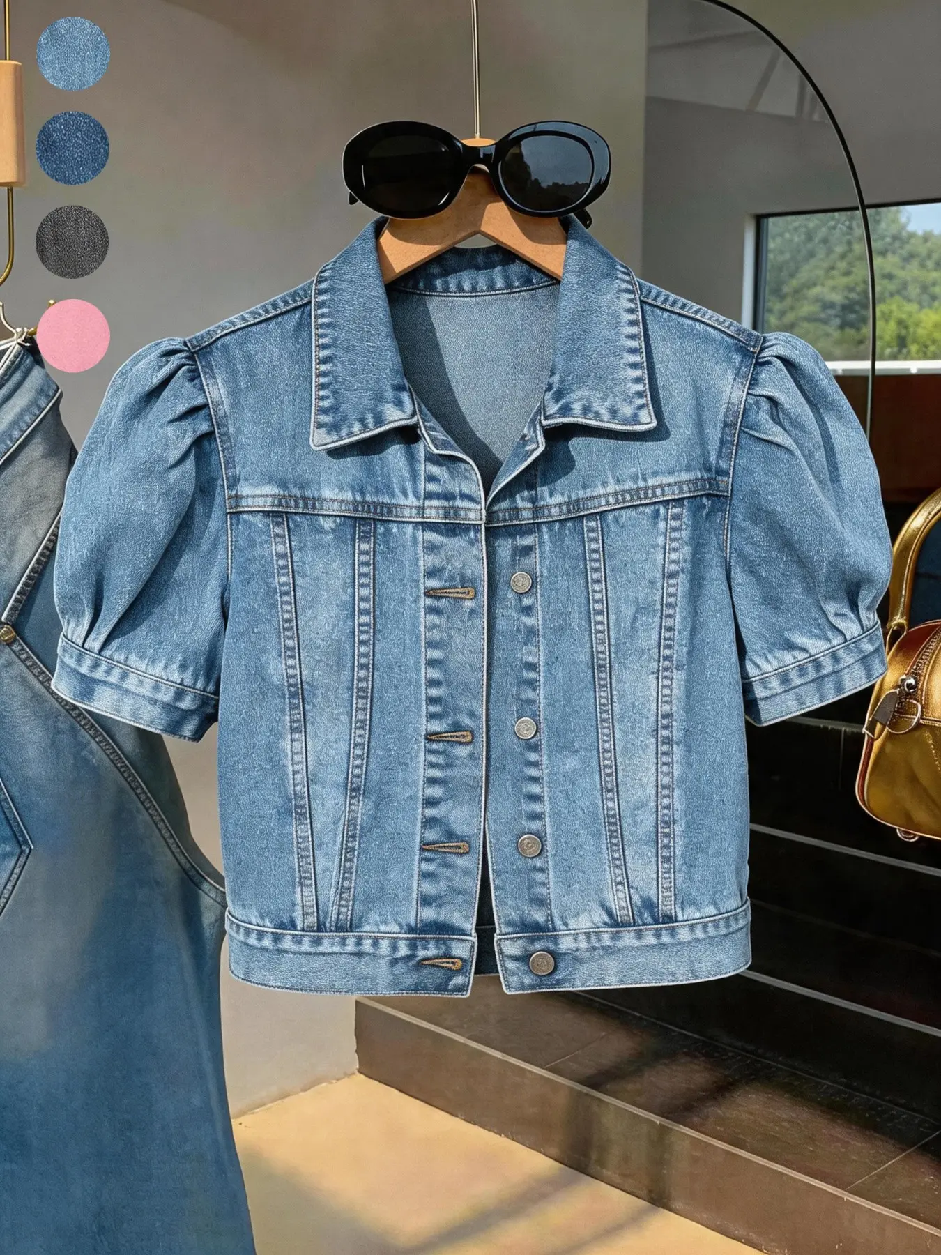 Women's Retro Bubble Sleeve Collared Denim Jacket, Versatile Single Button High Waist Crop Top, Fashion Essential for All Seasons