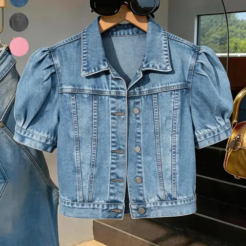 Women's Retro Bubble Sleeve Denim Jacket, Versatile Single Button High Waist Crop Top, Casual Fashion Essential for All Seasons