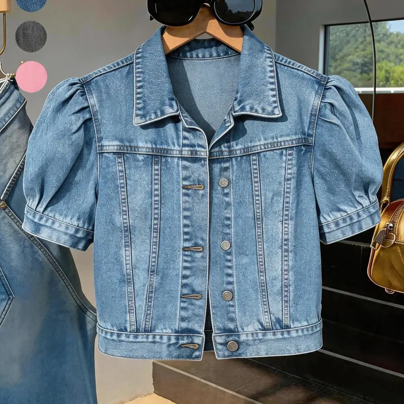 Women's Retro Bubble Sleeve Denim Jacket, Versatile Single Button High Waist Crop Top, Casual Fashion Essential for All Seasons