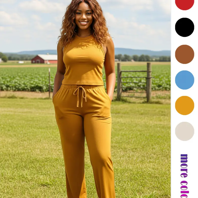 Women's Sleeveless Plain Knit Two-Piece Set, Casual Commute Home, Elastic Waist Belt Design, Comfortable Sleepwear, Travel & Fitness