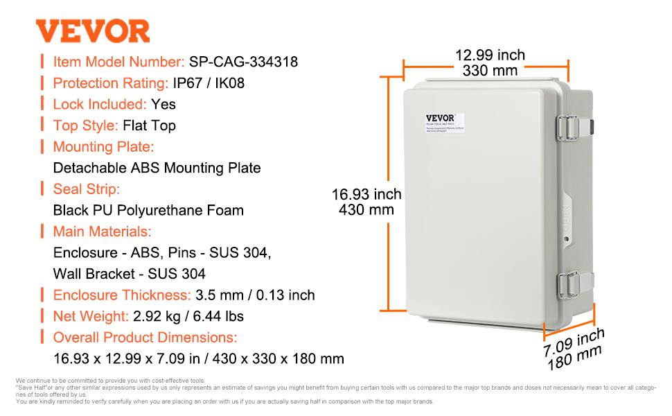 VEVOR Outdoor Electrical Junction Box, 16.93x 12.99x 7.09 in, ABS Plastic Electrical Enclosure Box with Hinged Cover Stainless Steel Latch, IP67 Dustproof Waterproof for Outdoor Electrical Projects