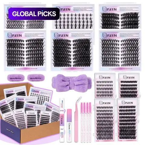 Eyelash Cluster Kit, D-Curl Fluffy Volume Lash Extensions, Dense & Long Set with Bond & Seal, Remover, Tweezers & Brush, Mixed Style Lashes, Volume Eyelashes, Multiple Lengths #GLOBAL PICKS