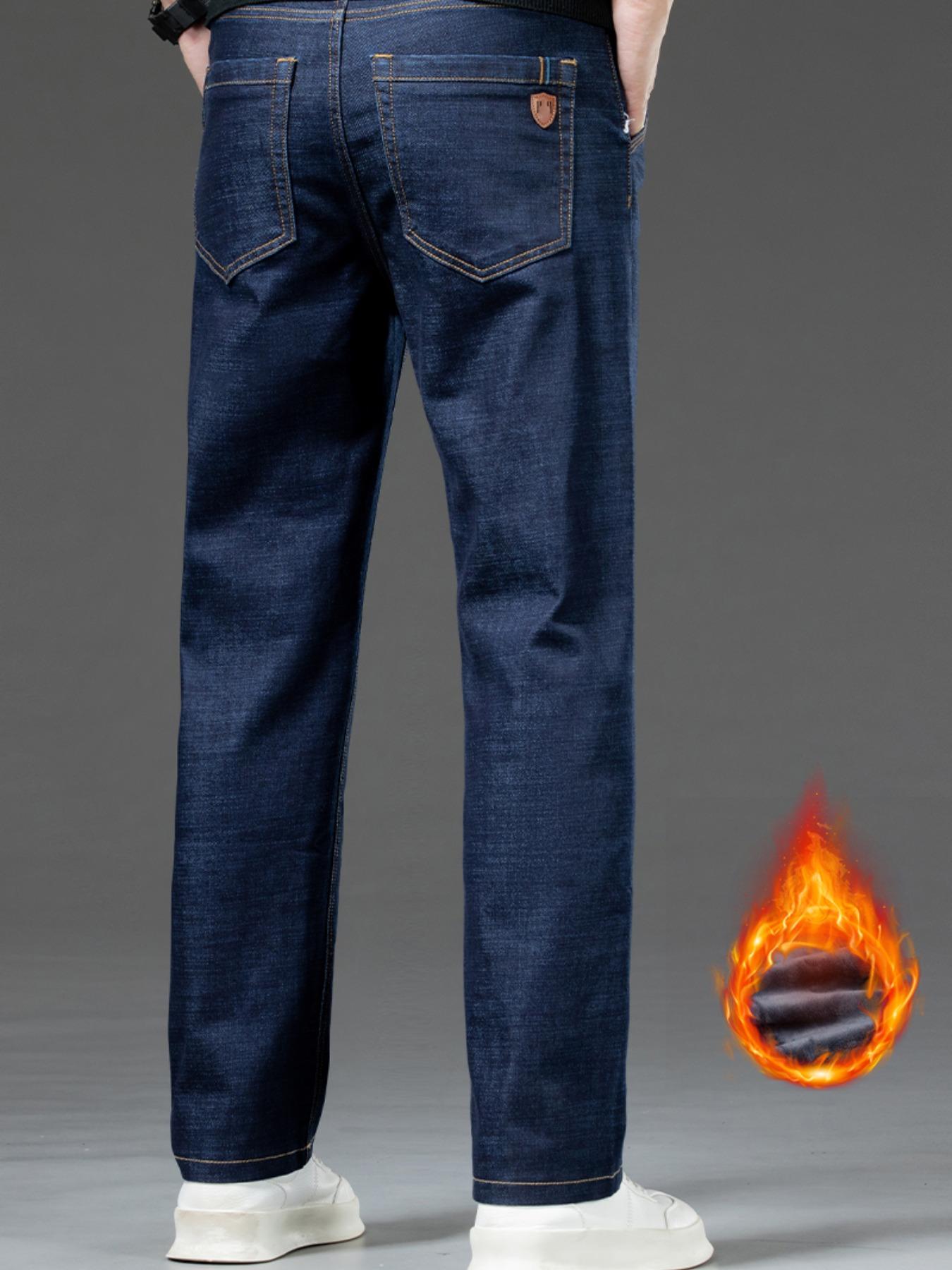 Men's Denim Jeans with Topstitching, Loose Straight Leg Long Pants, Stretch Fashion Pants for Fall & Winter