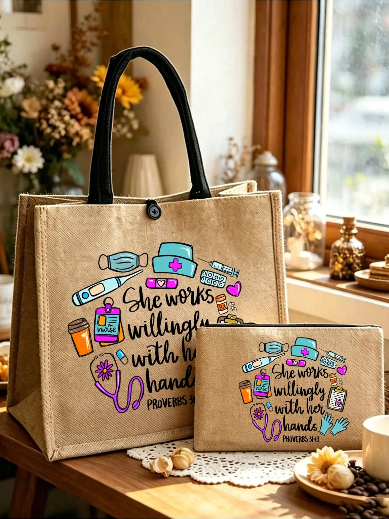 Nursing Care Handbag and Wristlet Set, Canvas Bag with Stethoscope and Medical Elements, Perfect Gift for Nurses, Doctors, and Healthcare Workers