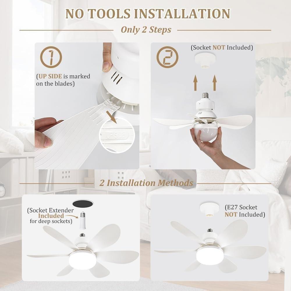 Portable Small Ceiling Fan Lamp with Remote Control, Adjustable Light Bulb, Suitable for Bedroom Kitchen Living Room, 20 Inch Screw Type