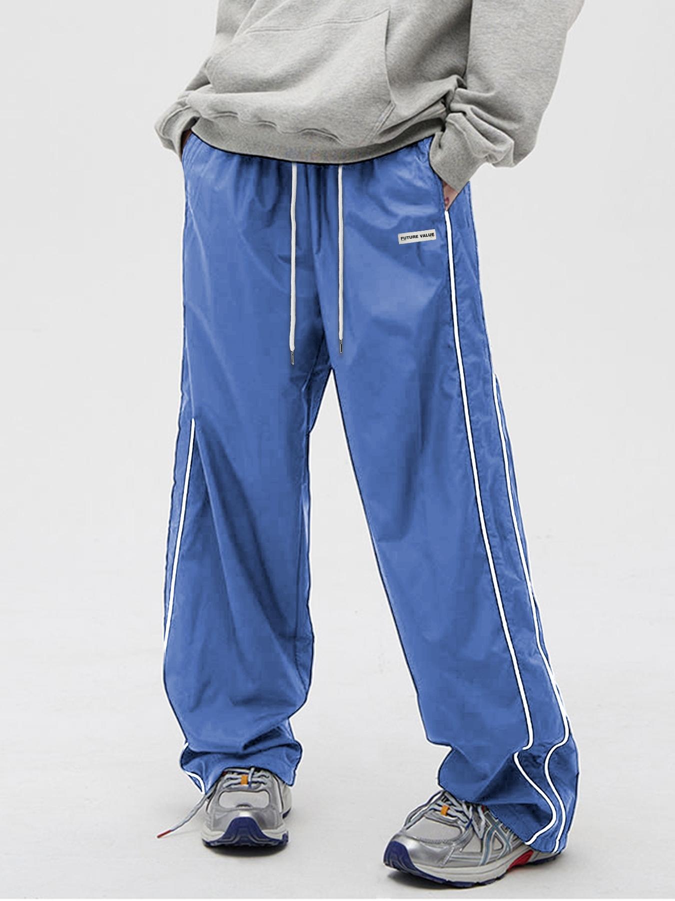 Men's Side Stripe Drawstring Waist Straight Leg Pants, Casual Pocket Letter Patched Trousers for Fall & Winter, Loose Menswear, Drippy Outfits