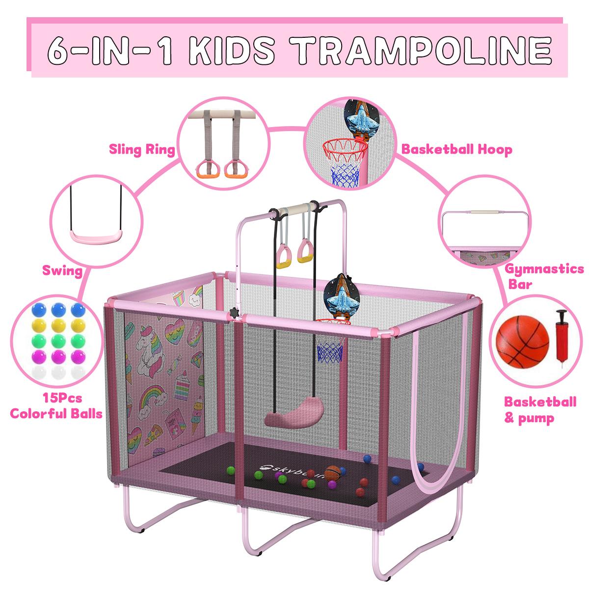 【AUTHENTIC】SkyBound Mini Square Trampoline for Kids with Basketball Hoop, 36"*55'' Indoor Outdoor Toddler Trampoline with Enclosure Net, Swing, Colorful Ocean Balls, Birthday Gift for Boys Girls,basketball