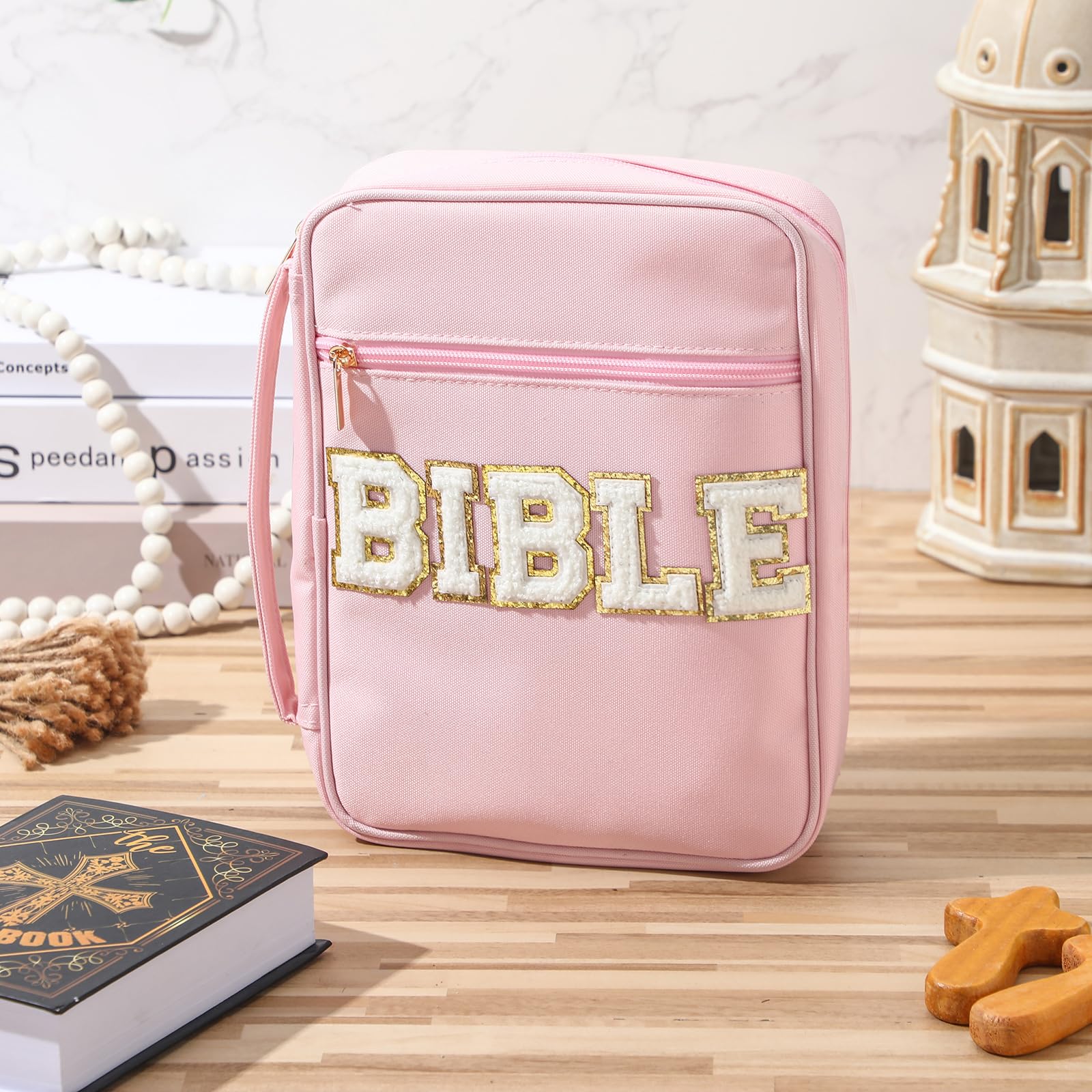 Bible Case for Christian Girl, Cute Bible Case Chenille Letter Bible Cover Case with Shoulder Strap Canvas Tote Carrying Bag Gift for Christian Teenagers Girl Student, Bible Study Supplies, Church Tote Bag, Easter Gift for Christian Daughter