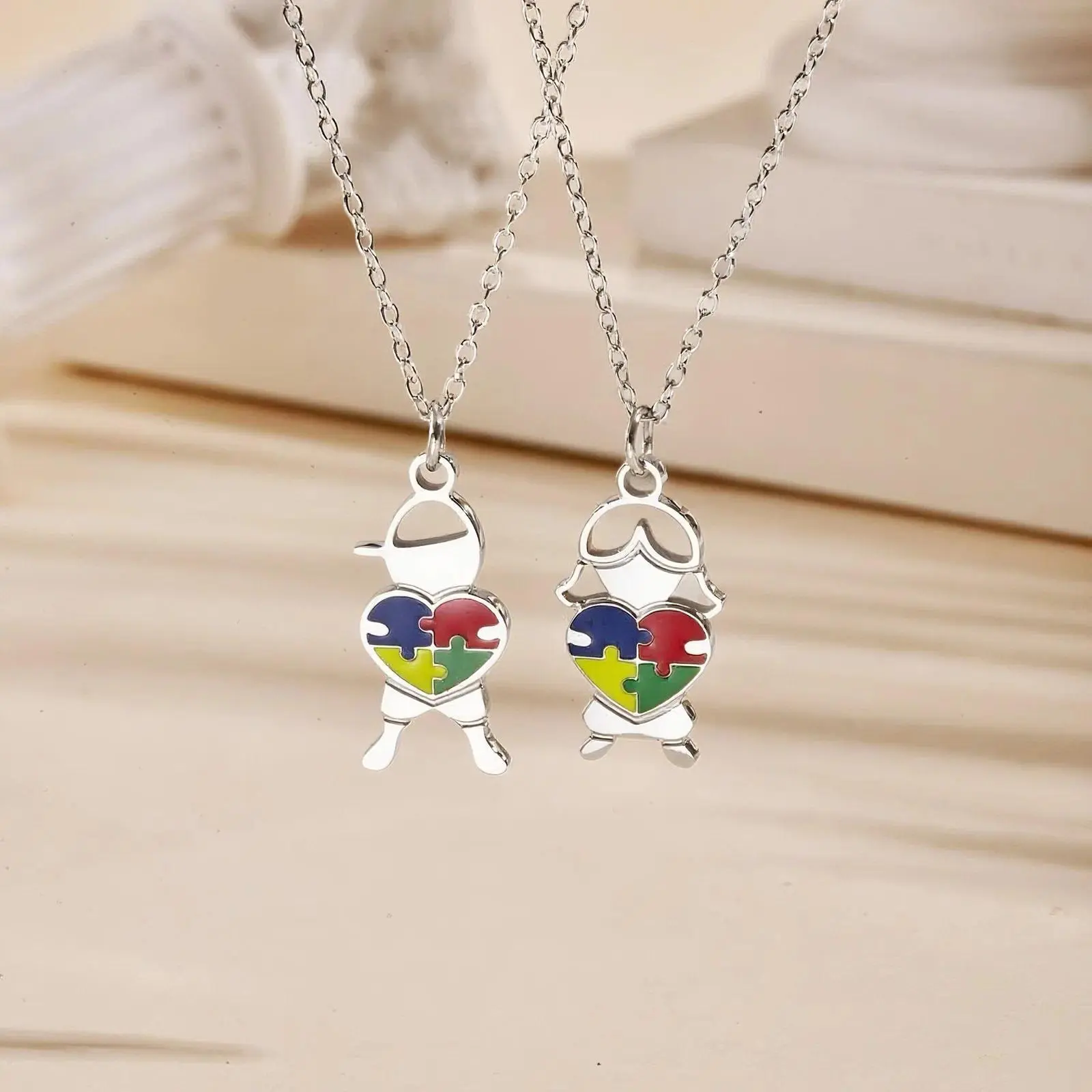 Stainless Steel Jewelry Heart Puzzle Boy&Girl Shaped Pendant Necklace Autism Awareness Silver Color Chain Necklace for Women