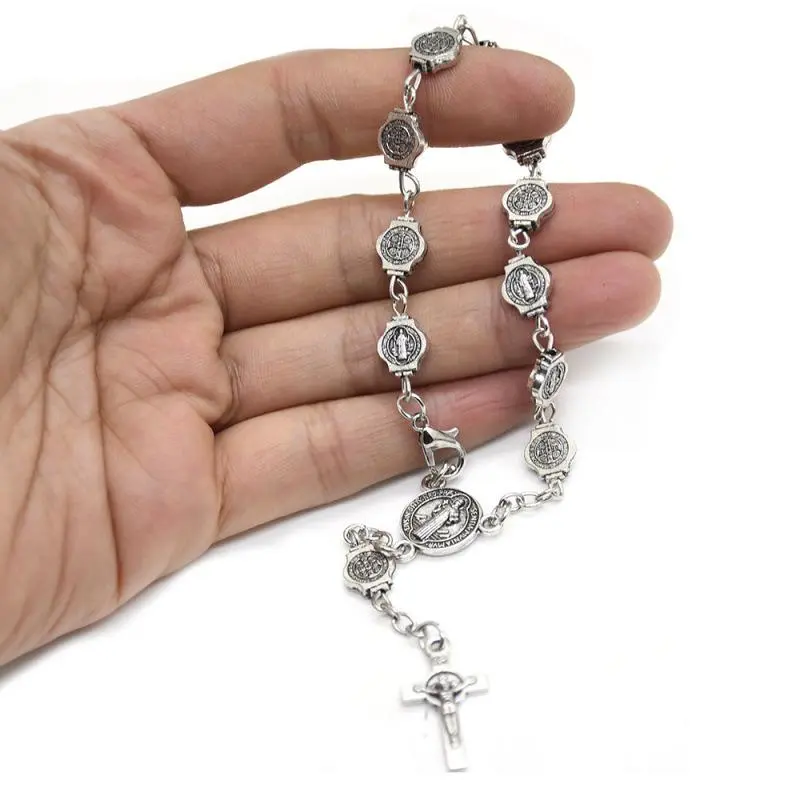 Unisex Vintage Silver Cross Rosary Bracelet Zinc Alloy Catholic Religious Jewelry Gift for Christmas Birthday, Casual, Commemorative