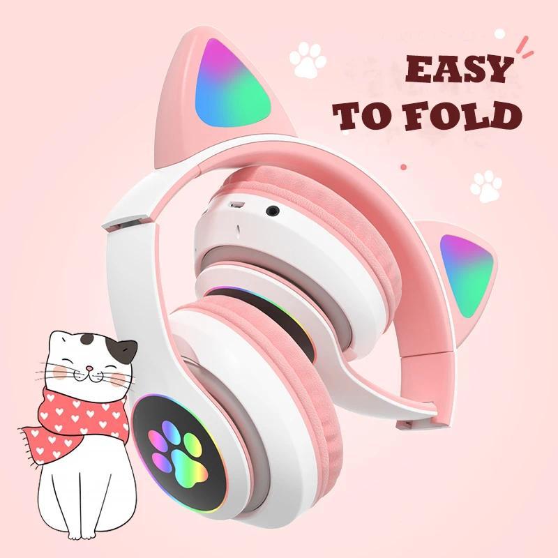 Flash Lamp Cute Cat Ears Headphone Bluetooth5.0 Stereo With Mic Support TF Card Wireless Kids Girl Earphone Birthday Gift btheadphones