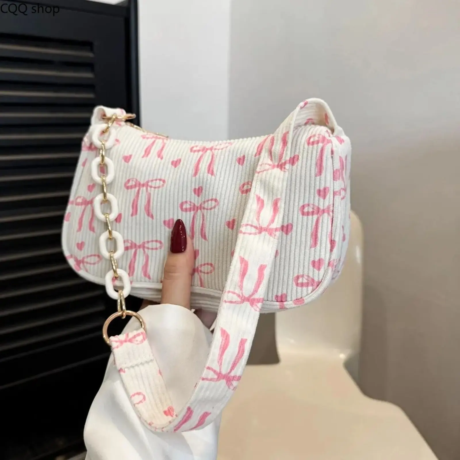 Women's Small Corduroy Purse Shoulder Bag, Cute Korean-Style Casual Crossbody with Bow and Chain Strap for Everyday & School Cute Bags Fashionable Bags