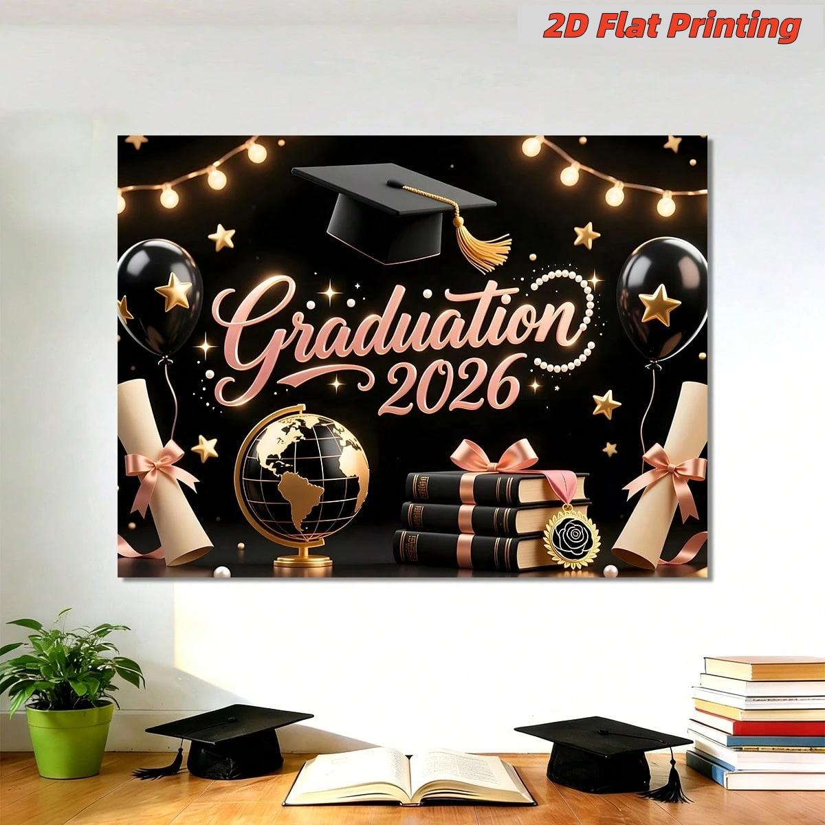 2D Flat Class of 2026 Graduation Decoration Set 1 piece banner + 3 piece door curtain set Polyester material Pink gold bachelor's hat balloon graduation banner 2026 graduation ceremony party photo hanging cloth Campus graduation season atmosphere decorati