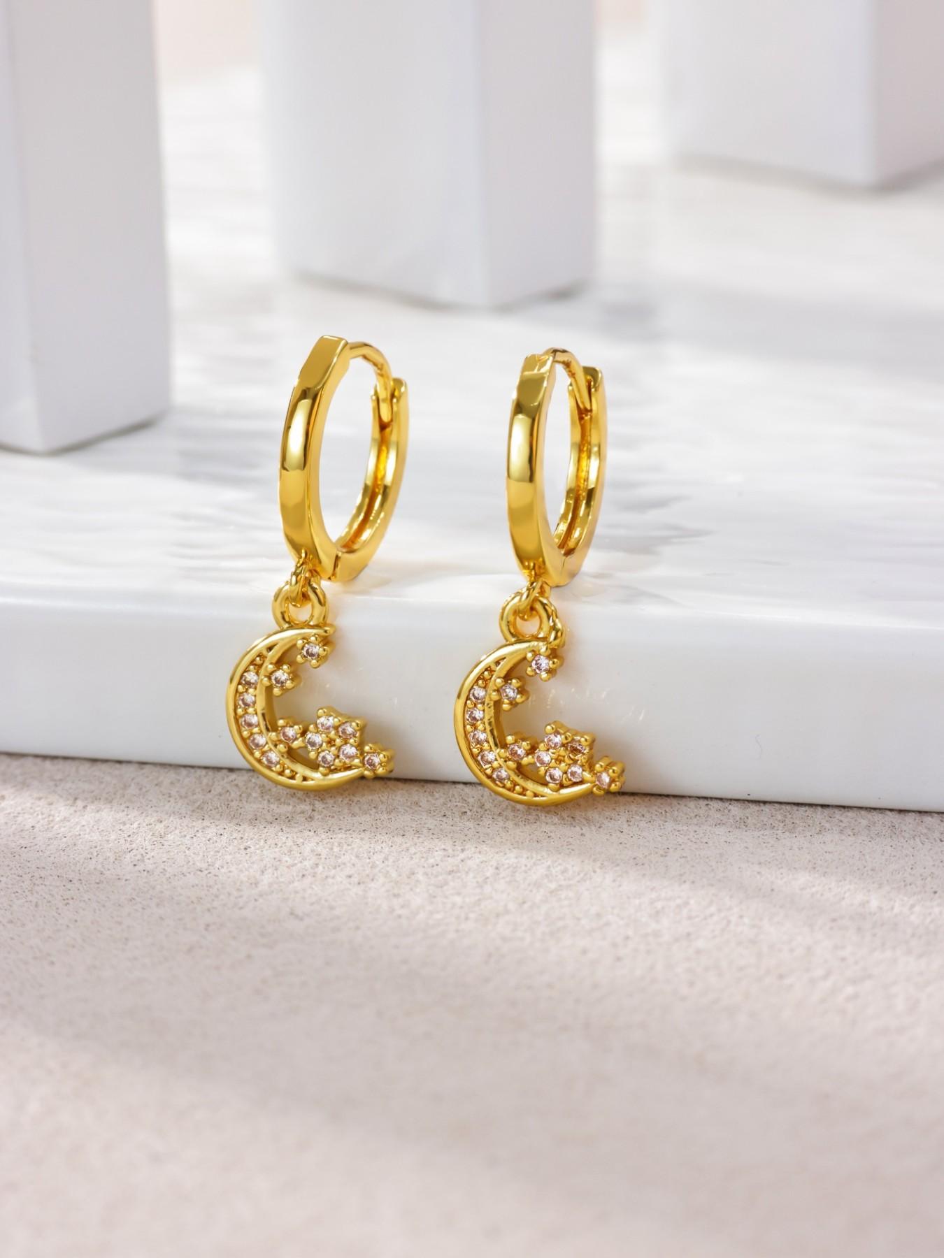 1 Pair Zircon Star Moon Earrings for Women 18K Gold Plated Dangle Drop Earrings Fashion Jewelry,Perfect Gifts for Birthday,Party,Wedding,Anniversary,Mother's Day,Vacation,Daily