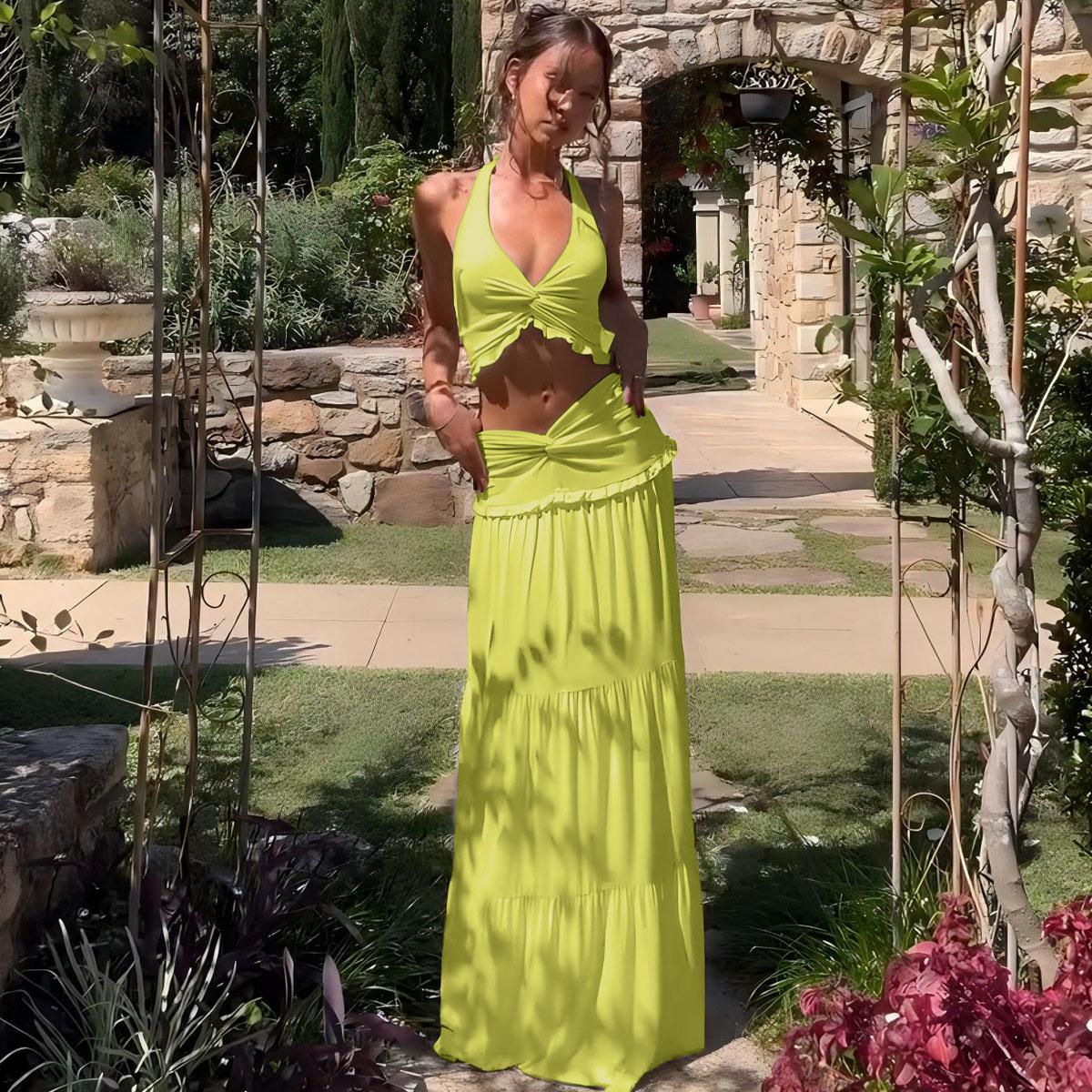 Solid Color Backless Crop Top & Ruched Skirt Two Pieces Set Women's Sleeveless Halter Neck Top & Skirt Ladies Summer Fall Clothes for Party Holiday Vacation Beach Boho Valentine's DayGift Outfit SpringStatements