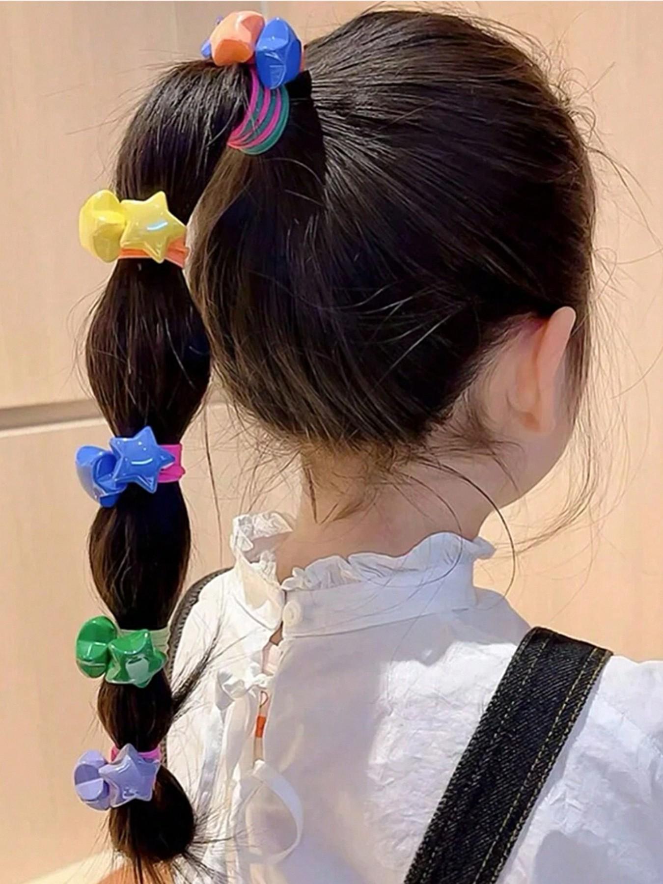 High Elasticity Hair Ties Set, Cute Star Heart Design Girly Rubber Bands for Girls & Students, Ponytail Hairstyle, Rainbow Colors, No Damage, Random Selection, Elastic Hair Accessory, Cute Hair Accessories