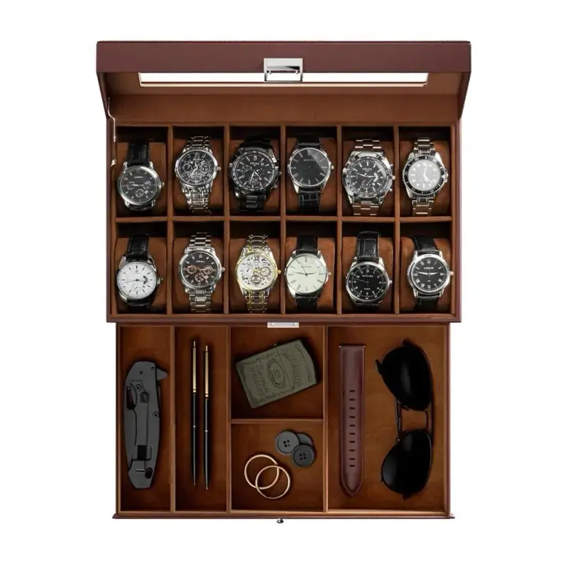 12 Slot 2-Layer Watch Box for Men Women, Watch Display Case With Glass Lid Drawer, Watch Holder Organizer for Jewelry and Watch Storage, Espresso