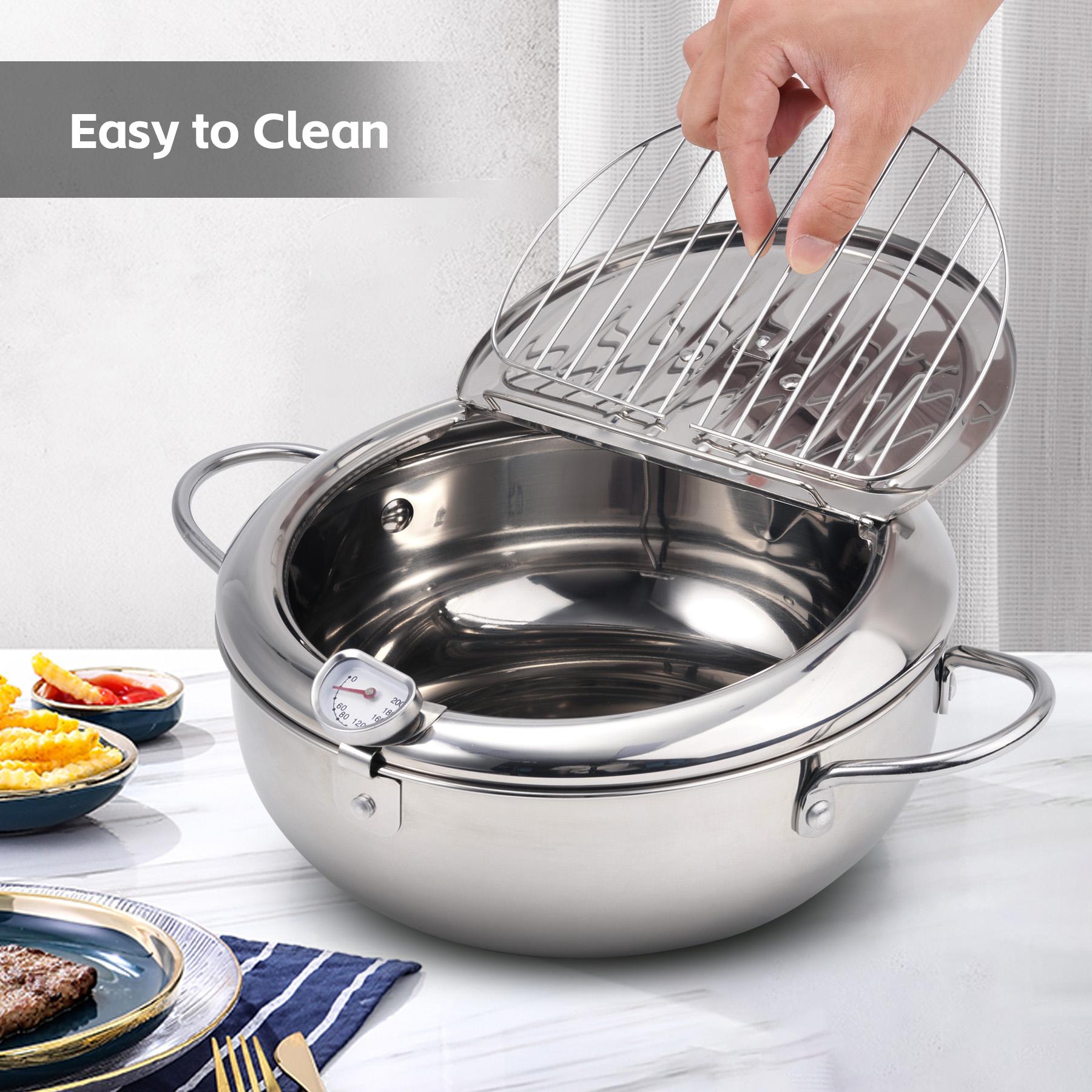 Deep Fryer Pot, LARGE Janpanese Style Tempura Frying Pot with Lid, 304 Stainless Steel with Temperature Control and Oil Drip Drainer Rack, for Kitchen French Fries, Chicken etc