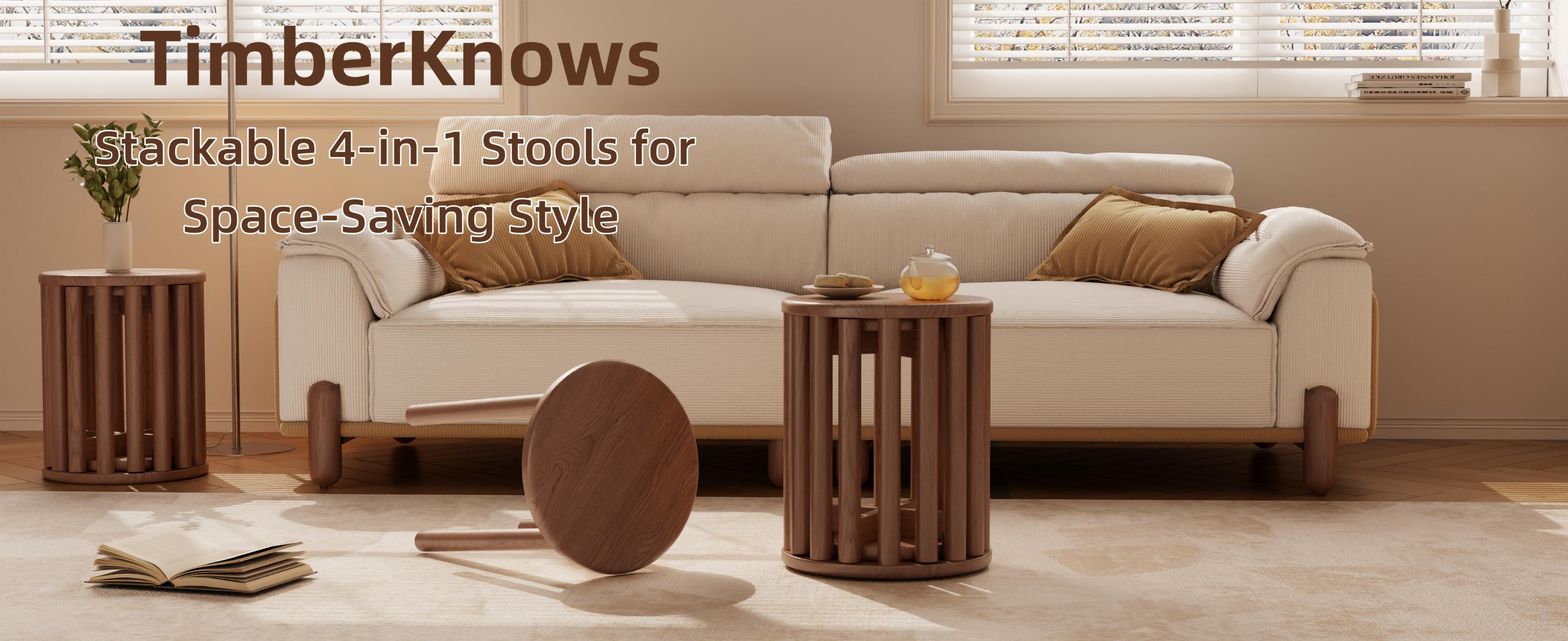 【Summer】TimberKnows Set of 4 Stackable Solid Wood Stools – 18" Round Nesting Tables, Fully Assembled, Durable & Space-Saving Design