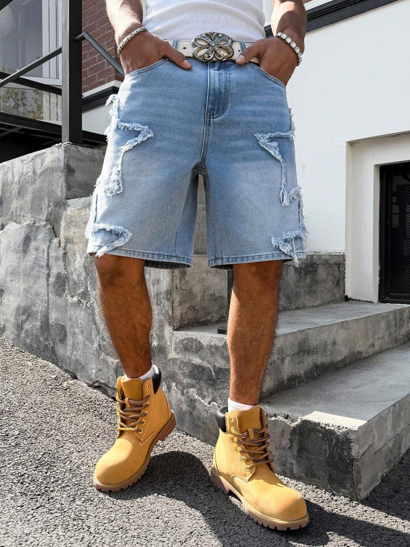 Light Blue American Vintage Washed Denim Five-Pocket Shorts for Men, Summer Loose Fit Slimming Wide Leg Pants, Trendy Star Print Shorties, Summer Casual Shorts