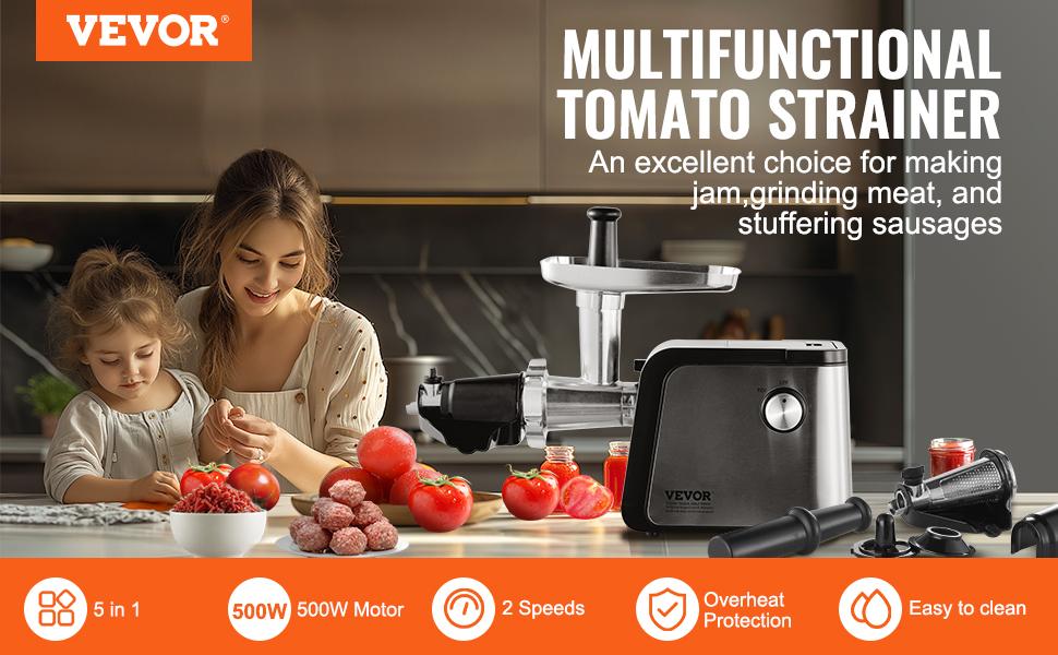 VEVOR Electric Tomato Strainer, 500W Tomato Sauce Maker Machine, 4.9 LBS/Min Food Strainer and Sauce Maker, Pure Copper Motor Food Mill with Reverse Function for Tomato Strawberry Blueberry Sauce