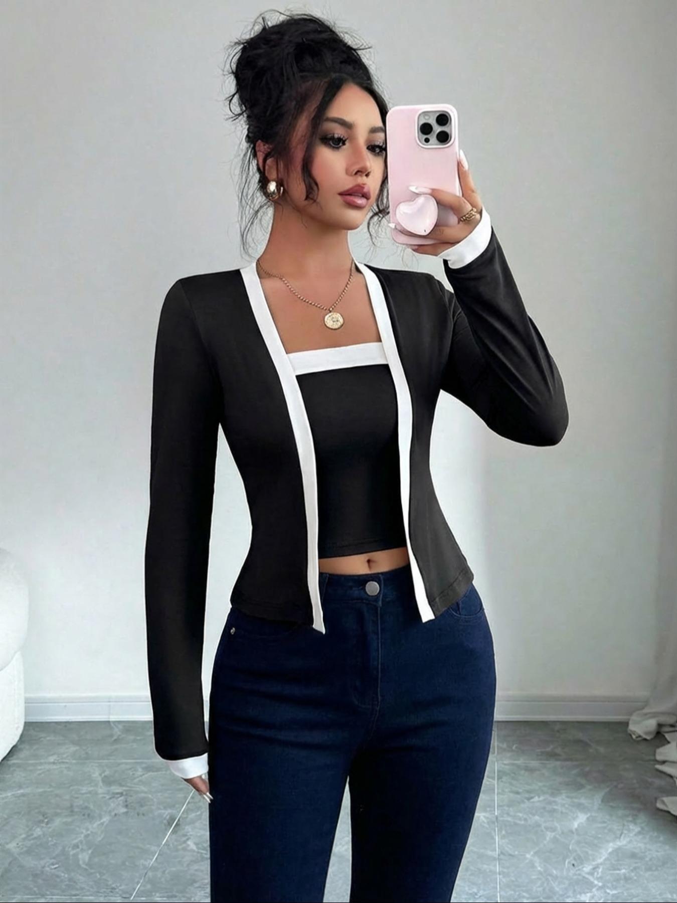 Women's Elegant Long Sleeve Slim Fit Knit Top, & Colorblock Square Neck Short Sweater for Daily Wear, Office Commute, Dating