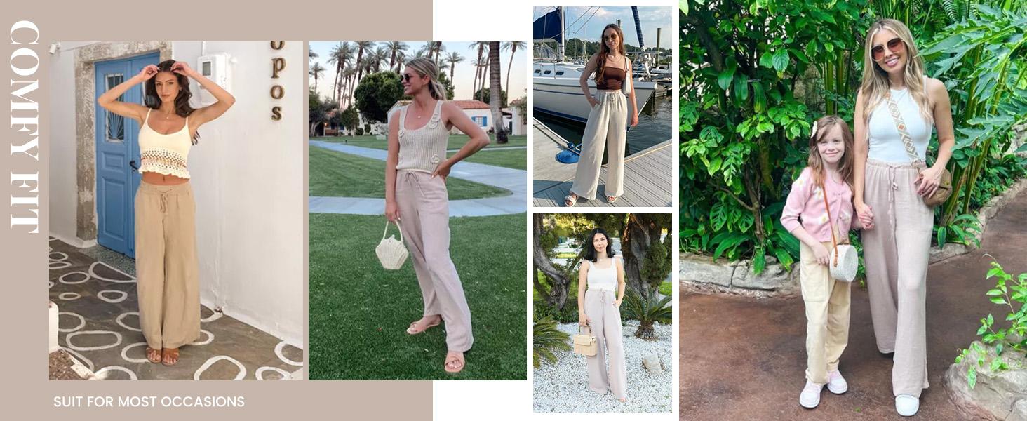 UANEO Women's Cotton Linen Summer Palazzo Pants Flowy Wide Leg Beach Trousers with Pockets Casual Womenswear