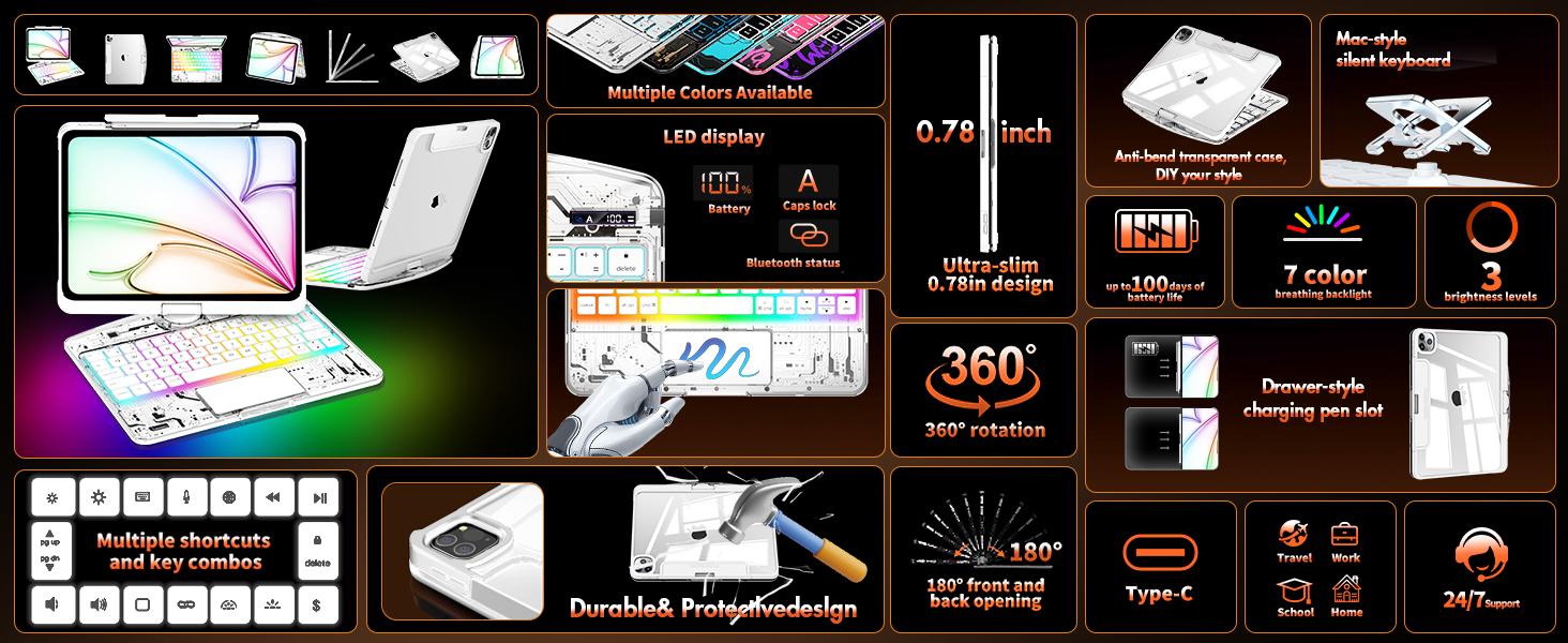 Transparent White Touch 360°Rotatable Keyboard Case for iPad ,High-strength acrylic, impact-resistant,Backlight &Pencil Holder, 7 Color Backlight Keyboard Case only for iPad