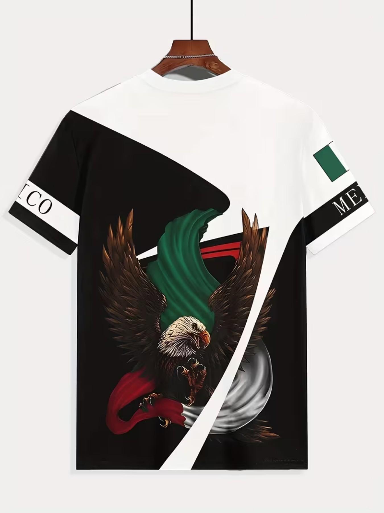 Mexican Flag Eagle Print T-Shirt Crewneck Fitted, Men's Fashion Short Sleeve, National Theme Design, Casual Trendy Streetwear Top, All Seasons Wear, Menswear