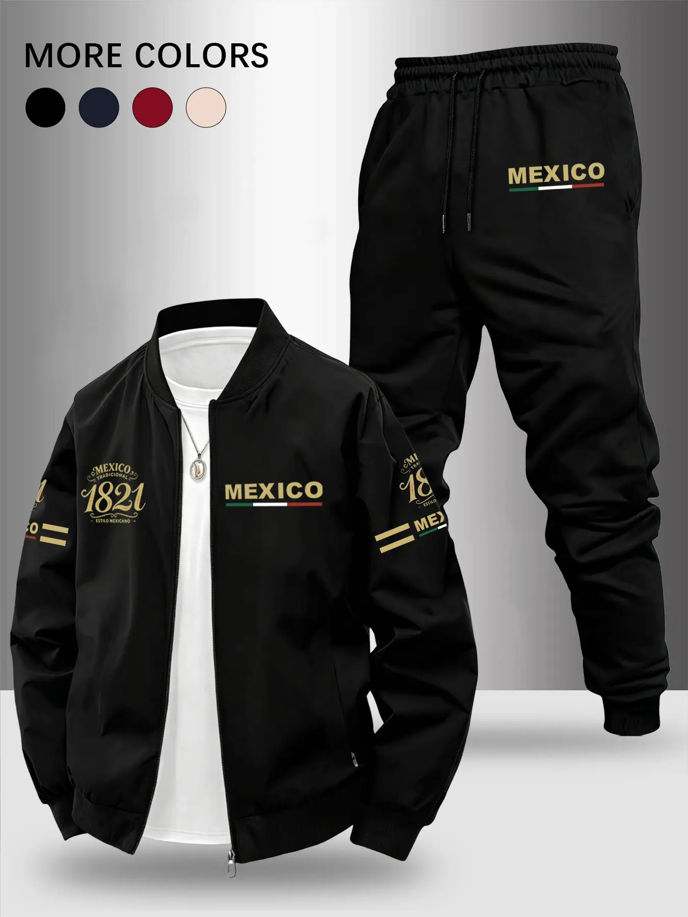 Men's Spring & Fall Sportswear Set, Matching Tracksuits, Jacket + Pants, Premium 'mexico' Print, Ideal for Daily Wear, Outdoor Activities, Running