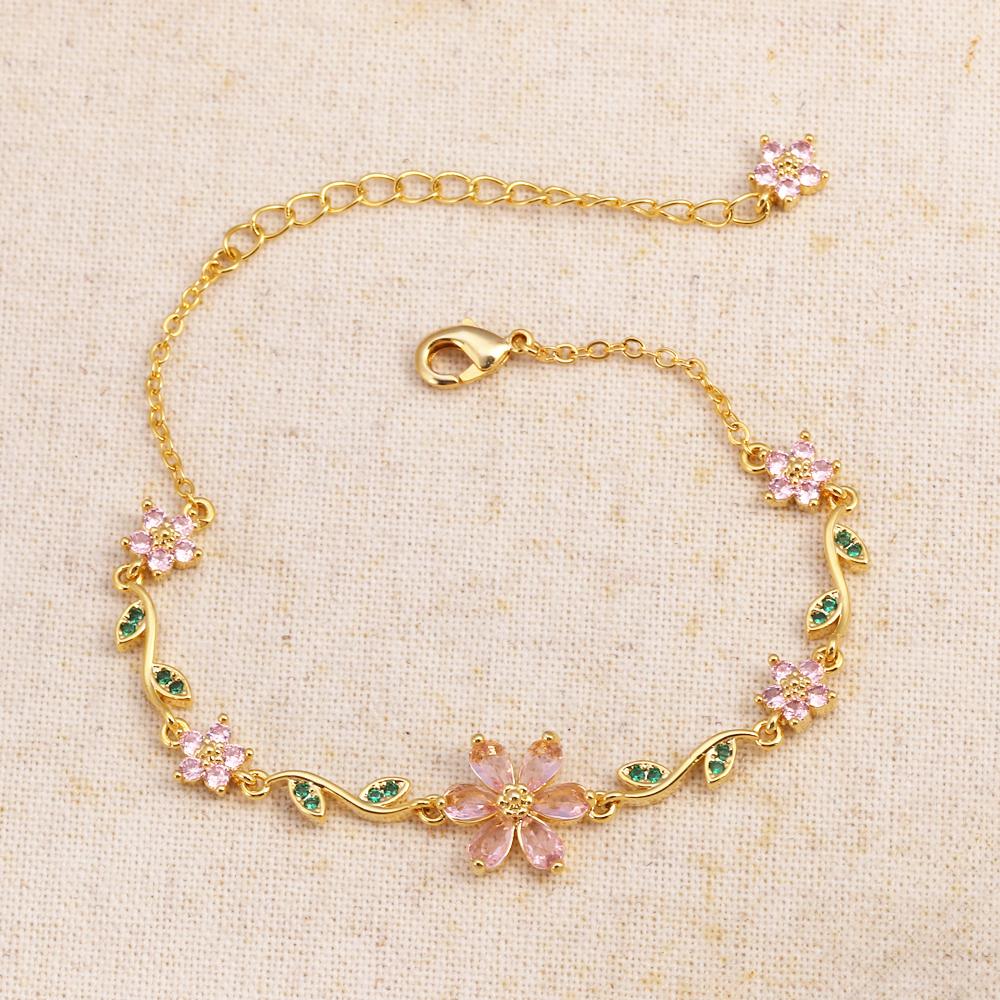 Luxury Pink Zircon Flower Bracelet For Women Girls Sweet Gold Color Crystal Adjustable Bracelet Jewelry Gift
