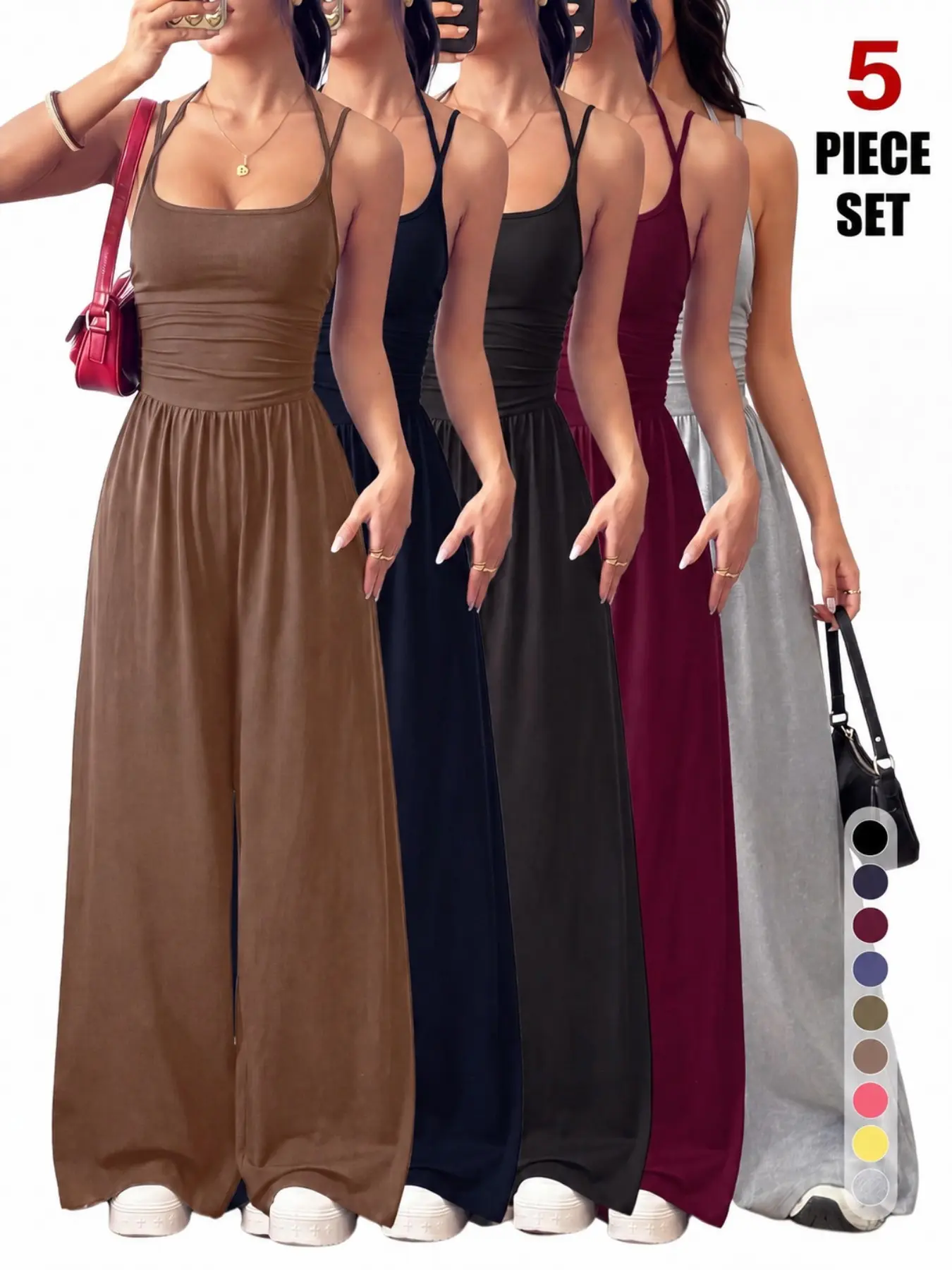 Women's Sleeveless Jumpsuit, Pleated Waist Wide-Leg Pants, One-Piece Design, Fitted Style, All-Season Wear, Plain Pattern