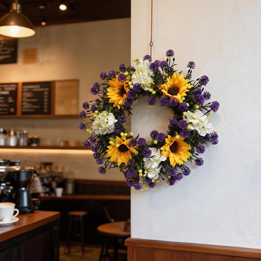 1pc purple yellow flower wreath, sunflower, hydrangea, dandelion simulation flower wreath, home decoration, home decoration, room decoration, bedroom decoration flower wreath, summer and autumn flower wreath, garden, door and window, staircase decor