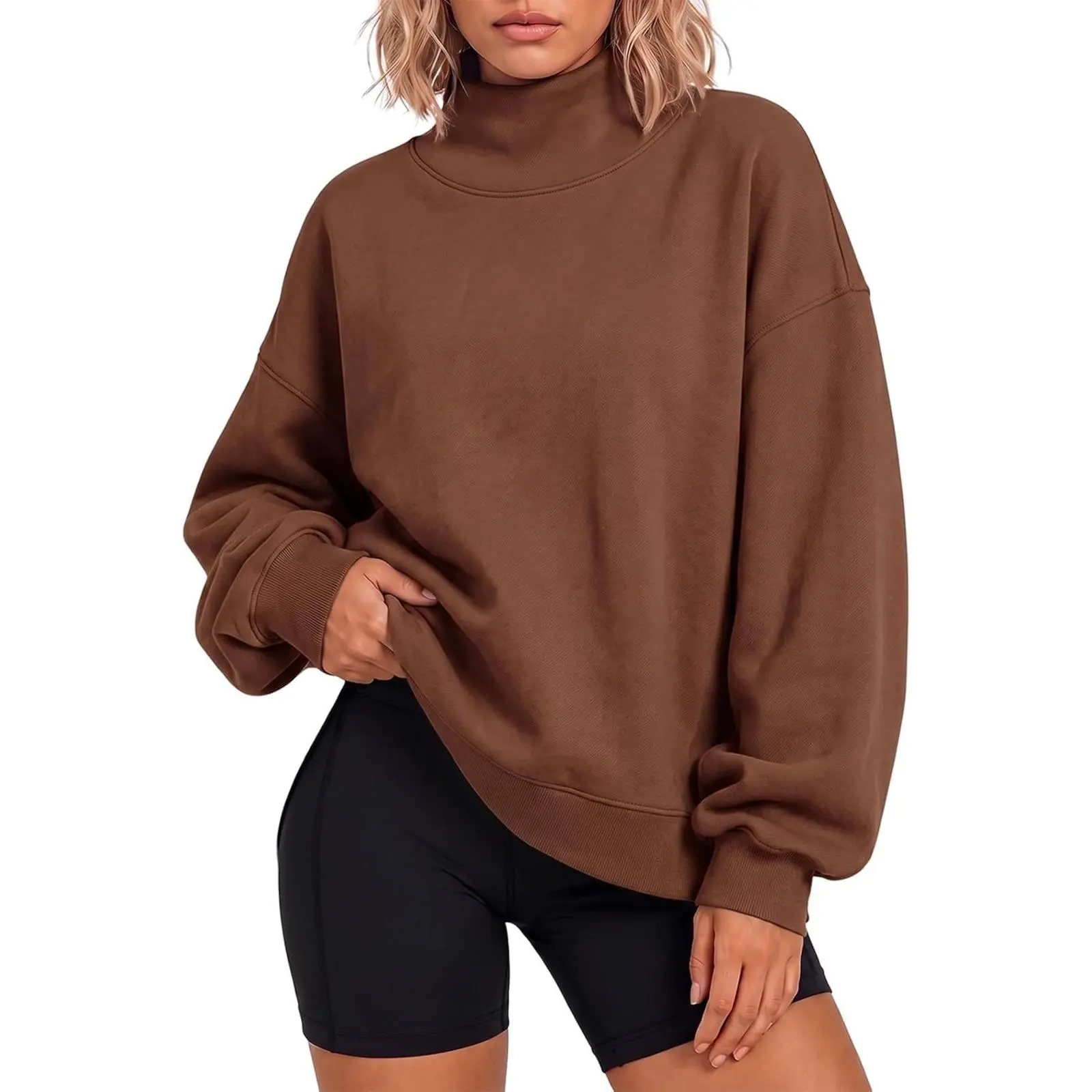 Flowyair Women's Oversized Basic Pocket Minimalist Sweatshirt - Mock Neck, Long-Sleeves, Side Slit Pullover, Loose Drop Shoulder, Defined Seaming for Fall Winter Workout Everyday Style, Longsleeves
