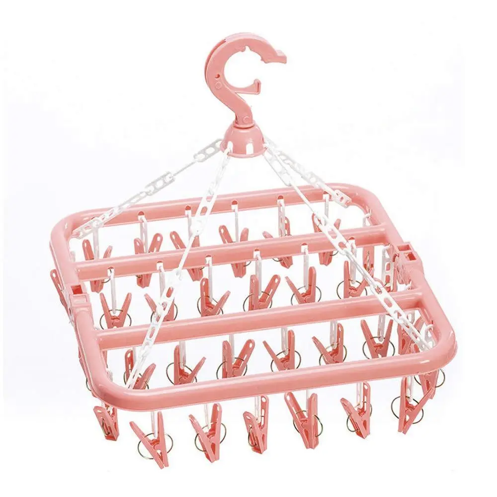 Clothes Drying Hanger with 32 Clips, Foldable Hanging Drying Rack for Clothes Underwear Socks (Light Pink)