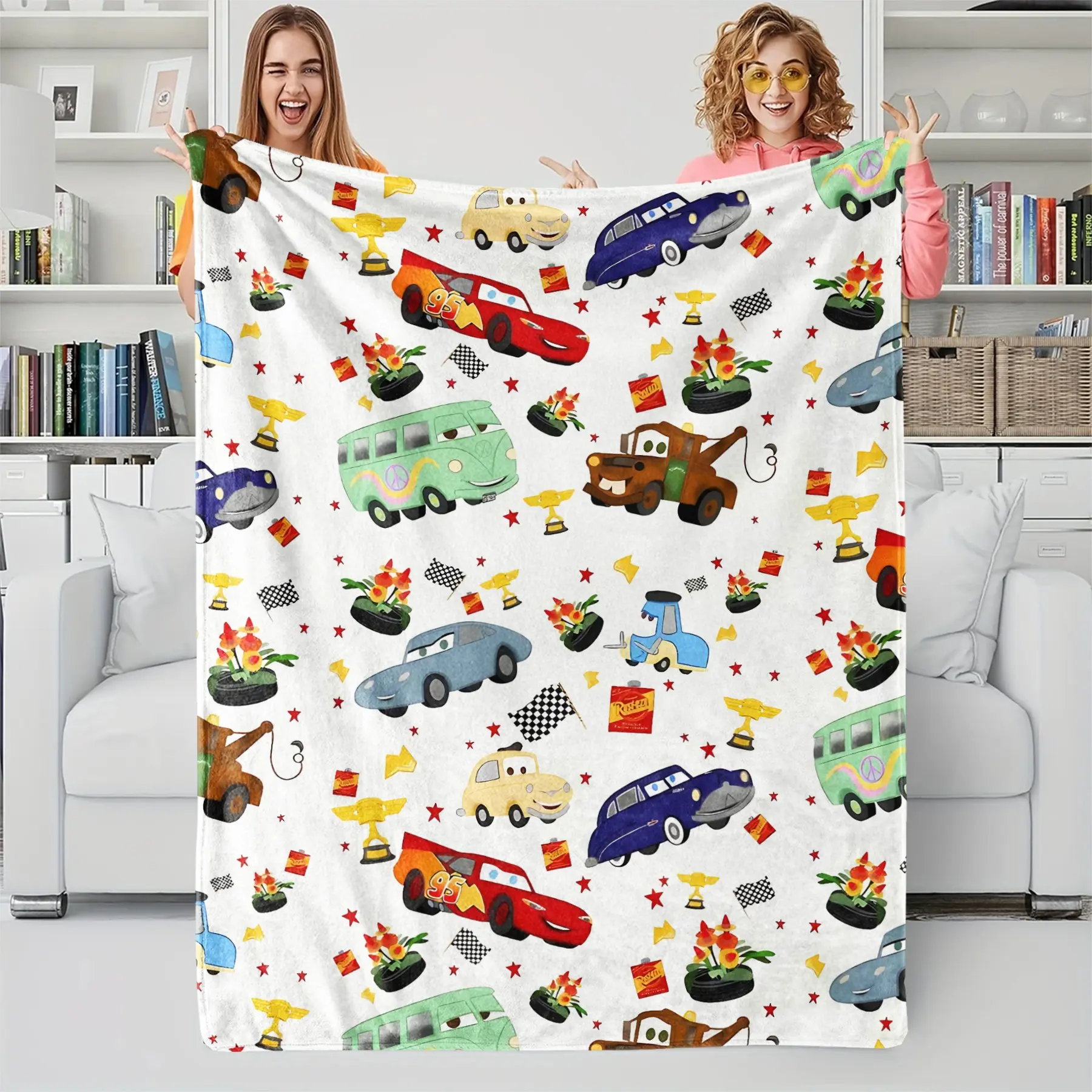A Cars-themed flannel blanket, various cartoon race car characters, featuring racing elements such as trophies & flags, a lively style, full of childlike fun & competitive spirit, stylish & durable, an ideal gift for boys, a perfect present.