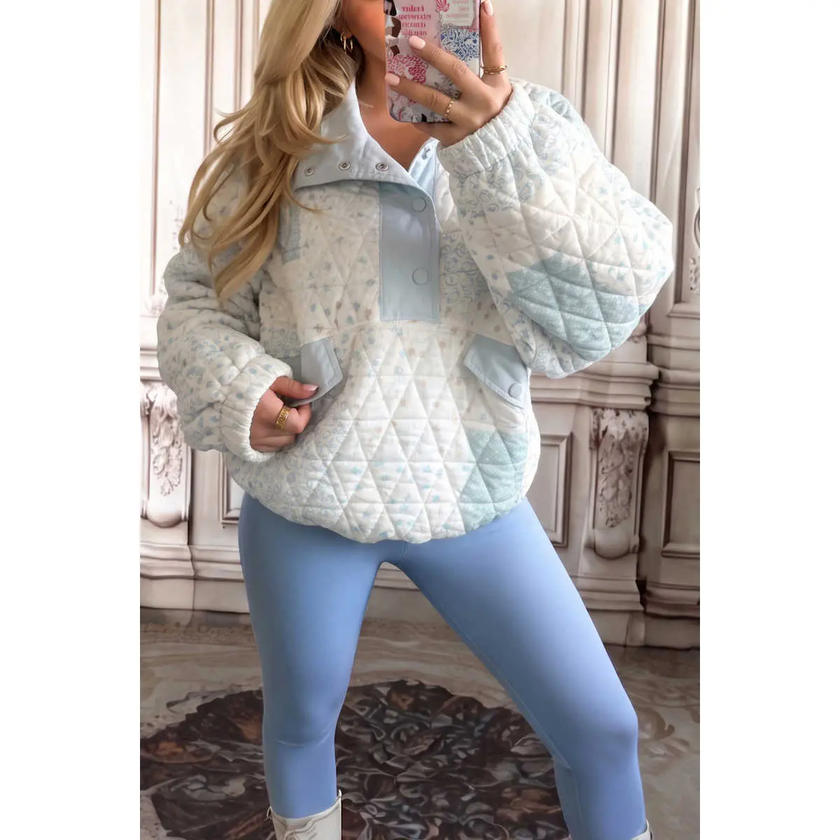 Multicolour Floral Quilted Half Button Pocketed Pullover Sweatshirt