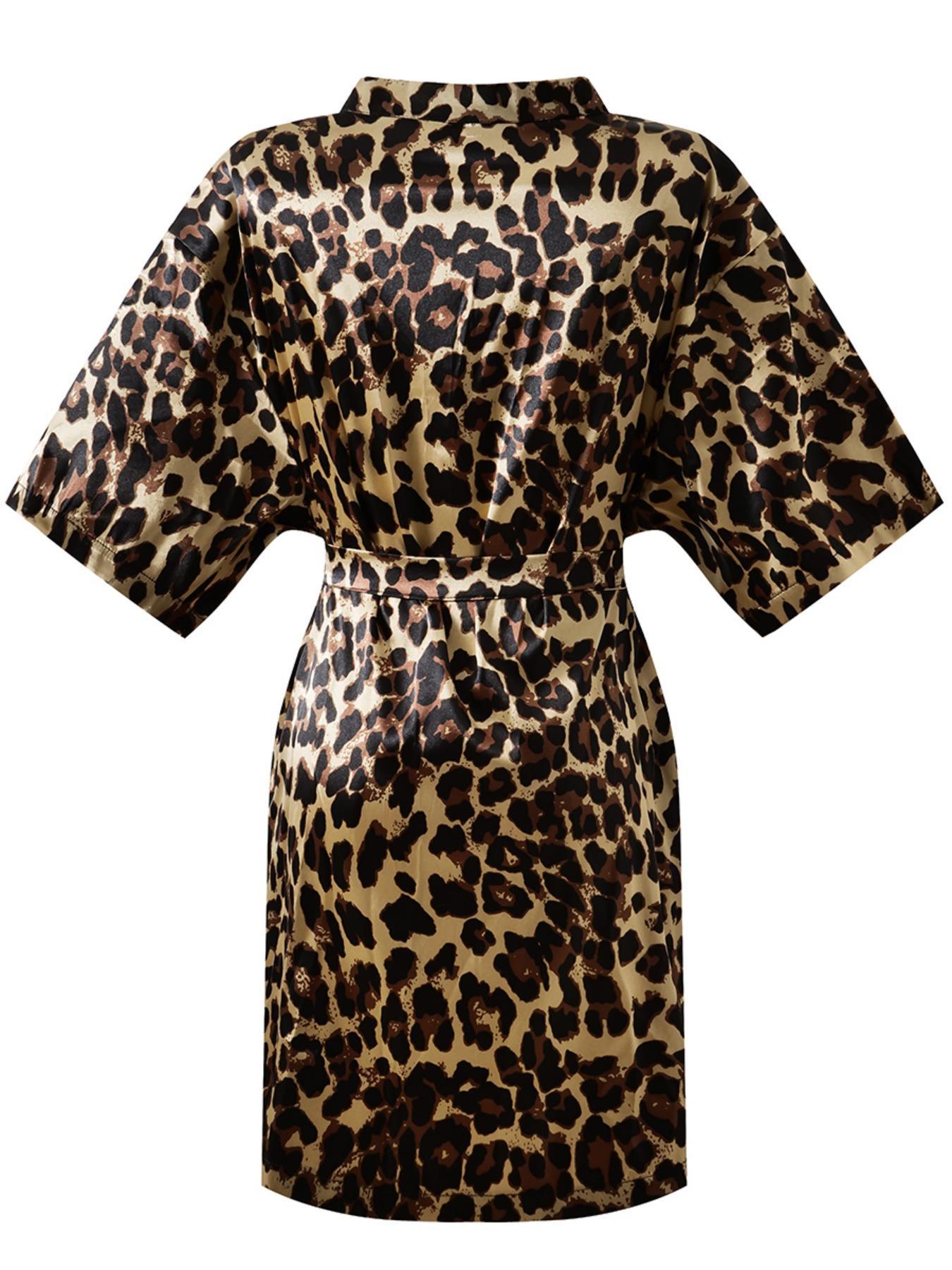 Women's Leopard Print Belted Robe, Casual V Neck Wrap Robe, Soft Comfortable Nightgown for All Seasons
