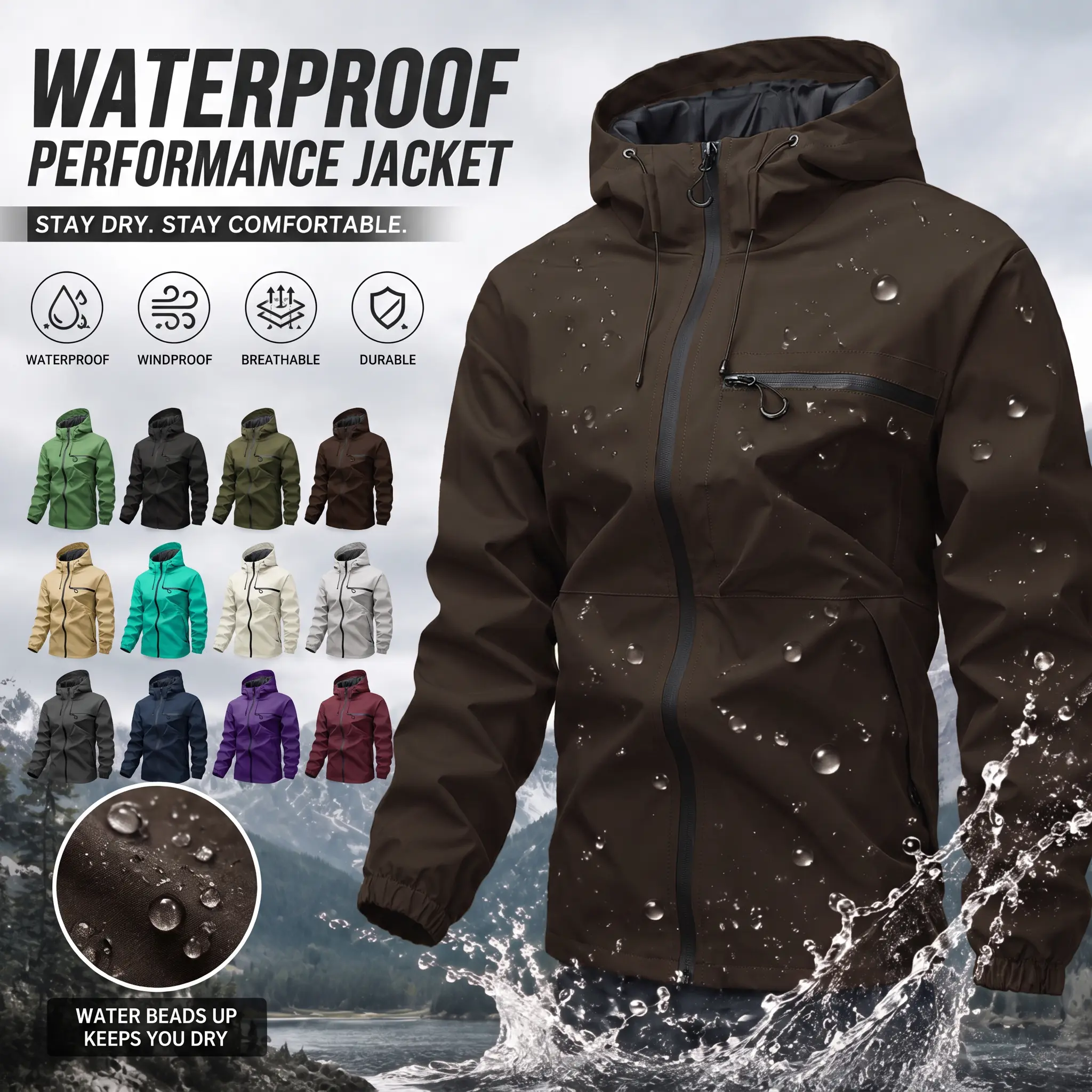 Men's Regular-Fit Polyester Hardshell Jacket - Windproof, Waterproof, Hooded Outdoor Active Lightweight Jacket for Hiking Trips, Outdoor Active Men's Lightweight Jackets