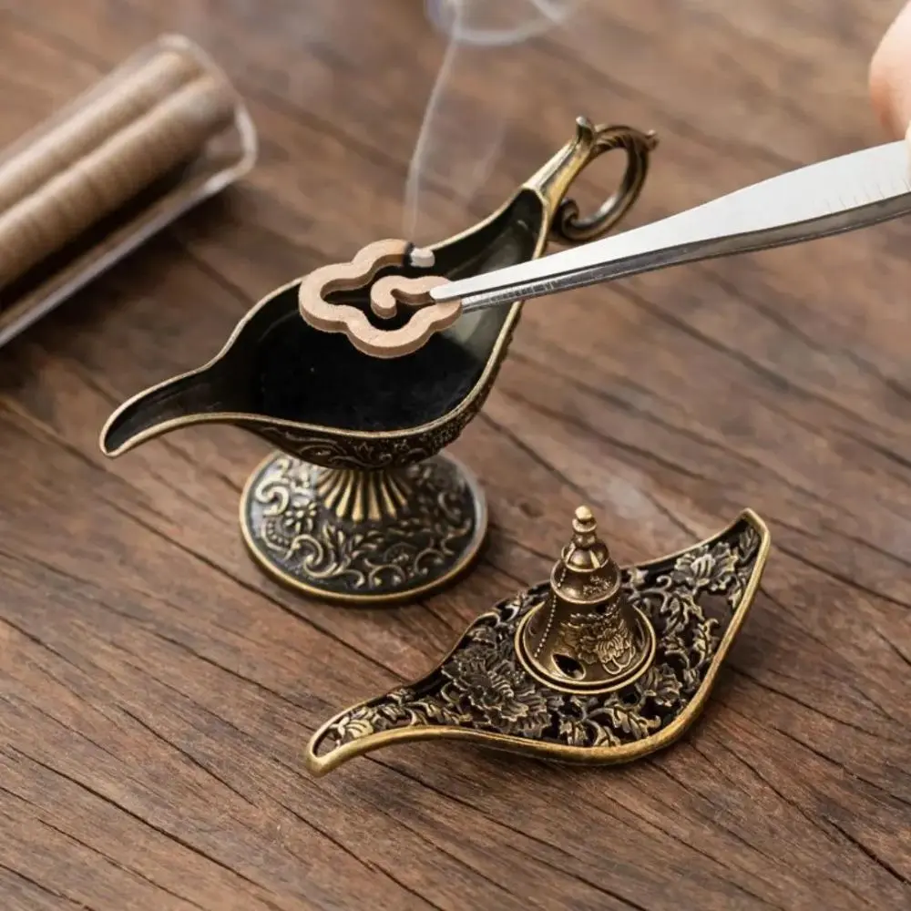 Vintage Aladdin Genie Lamp Incense Holder, Retro Boho Aroma Diffuser Ornament, Decor for Bedroom Dresser, Meditation Relaxation Gift