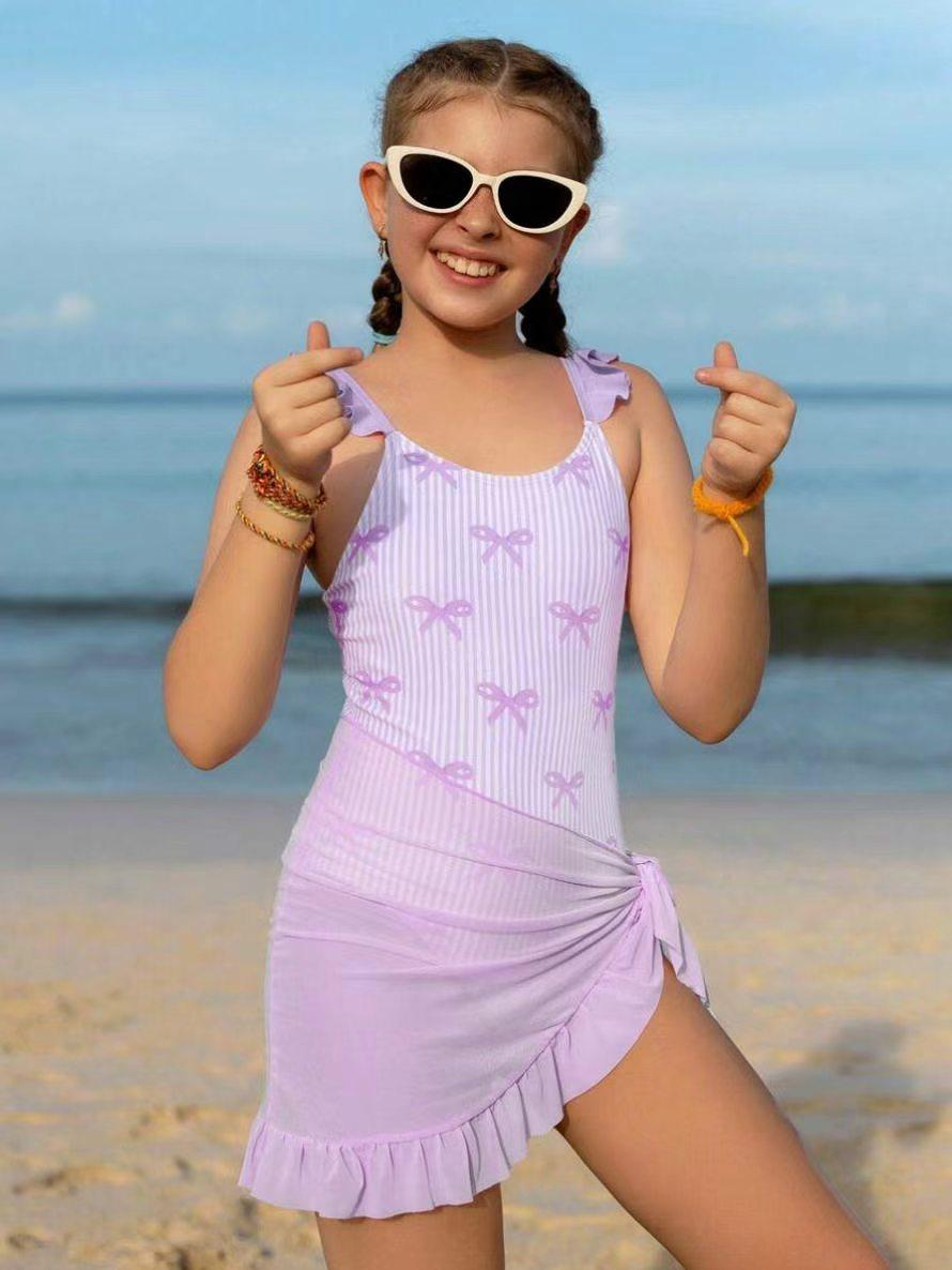 New Bowknot Printed Halter One-Piece Swimsuit, European Style Big Girls Swimwear, Sleeveless Two-Piece Beach Swimming Suit, Summer Swimwear, Tween Swimsuits