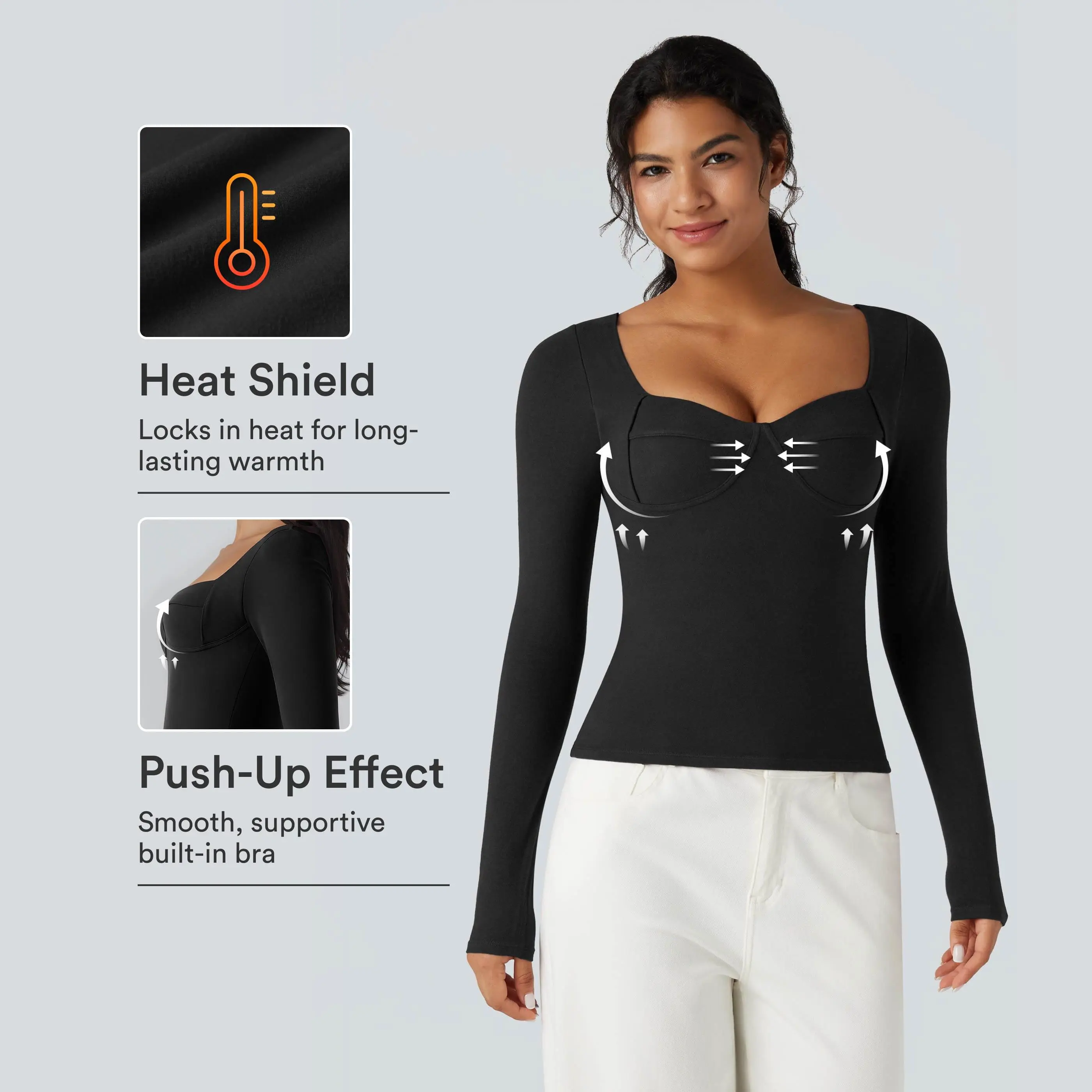 Halara HeatCore Sweetheart Neck Push-Up Long Sleeve Casual Warming Top A/B Cup