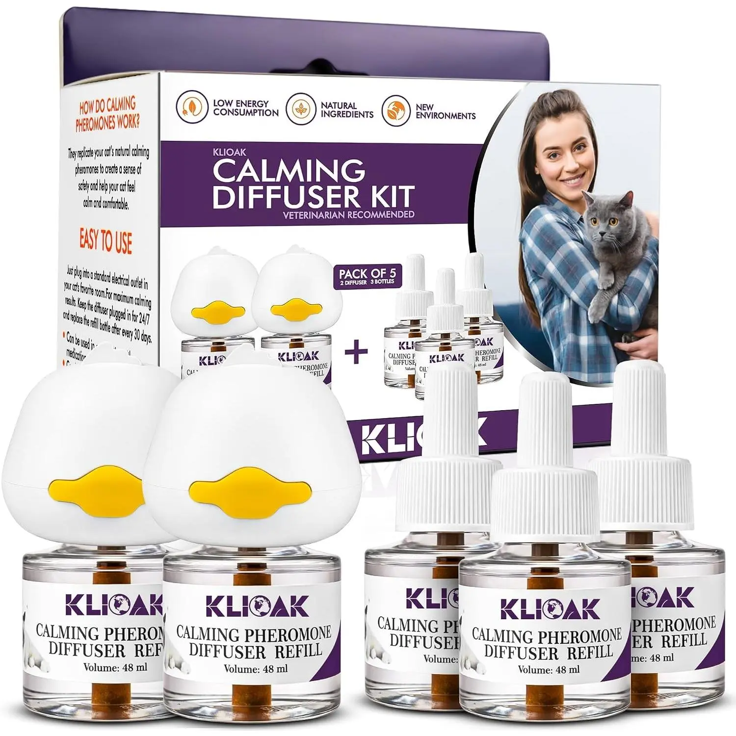 5 Pack Cat Calming Diffuser Kit with 2 Diffusers & 3 Pheromone Refills, Plug-In Reduces Cat Anxiety Aggression Stress Scratching & Spraying, Long Lasting for All Cats