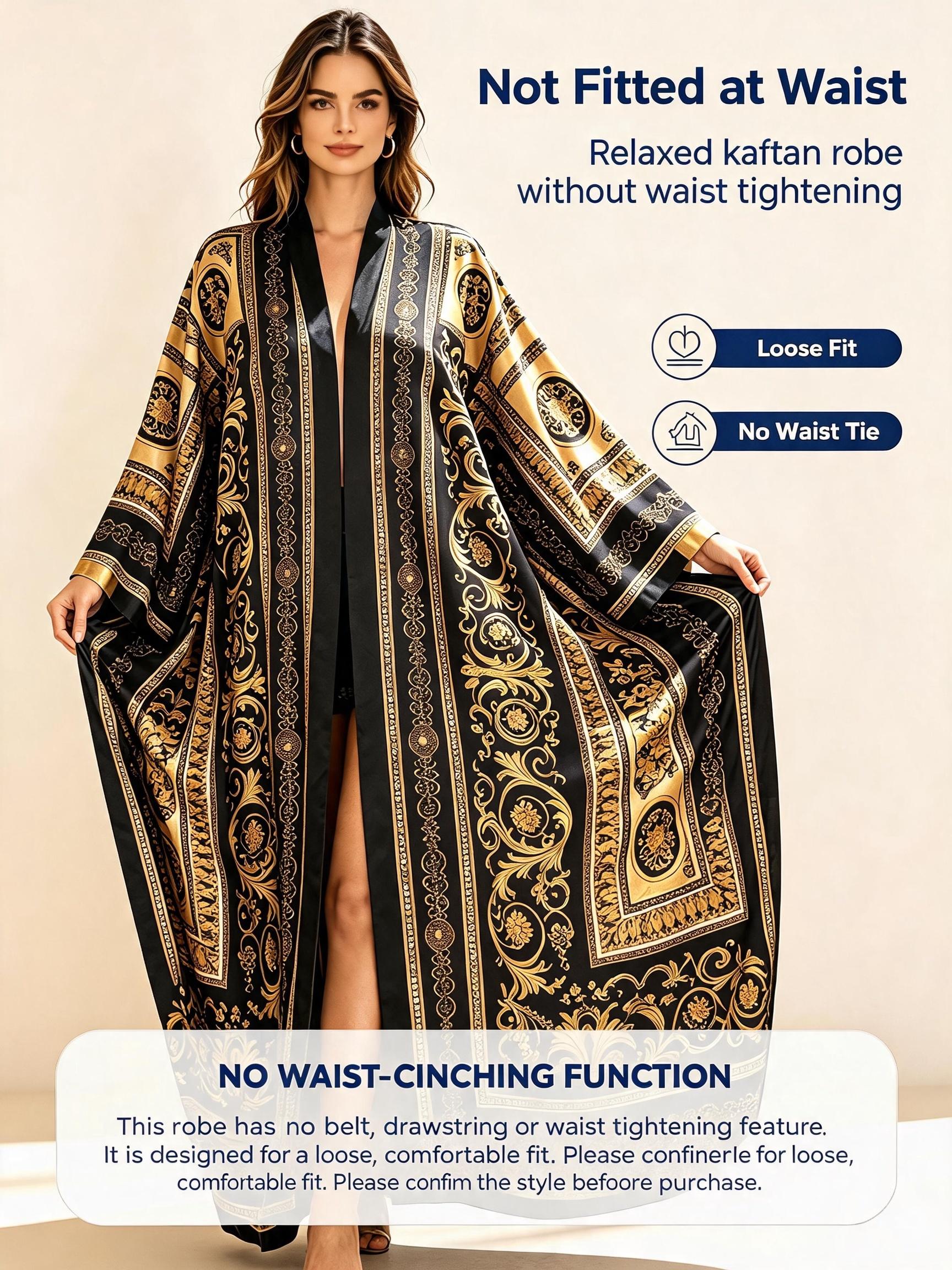 Women Golden Abstract Geometric Print Satin Kimono Robe,Maxi Beach Cover-Up, Silky Casual Loungewear Sleepwear Nightgown