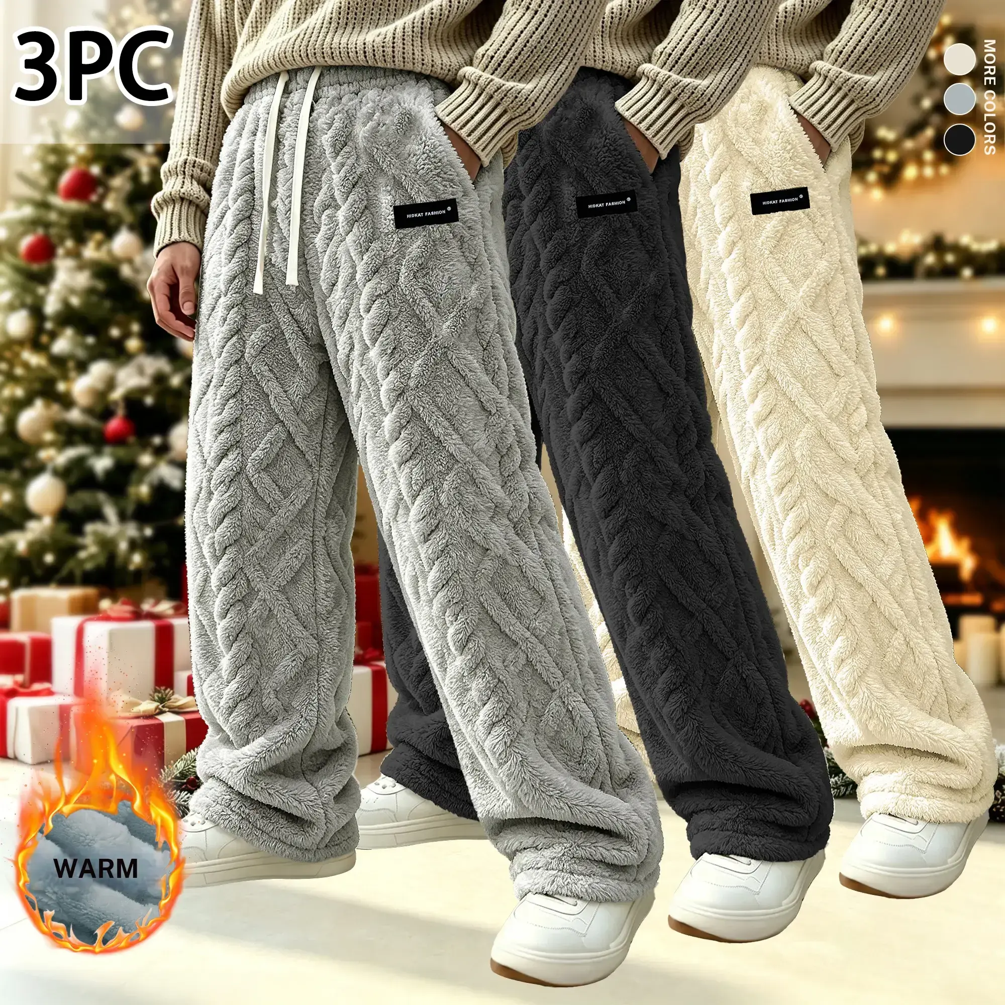 Men's winter warm plush corduroy pants, casual wired texture plush wide leg pants, soft and thick fluffy drawstring sports pants, loose daily wear, cold weather clothing, basic comfortable street wear, jogging shoes, autumn outdoor home wear