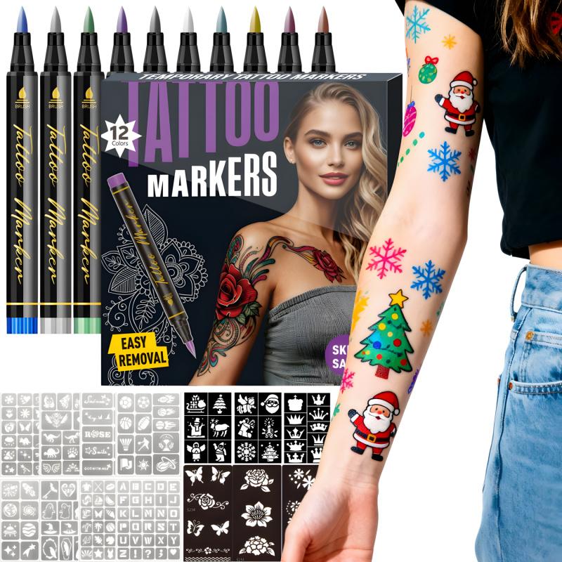 Temporary Tattoo Markers,10/12/18/24 Colors Metallic Markers,Tattoo Stencil, Cosmetic Tattoos Pens,Flexible Brush Tip, Bright colors, Face Paint Kit Cosmetic Quality,Christmas gifts