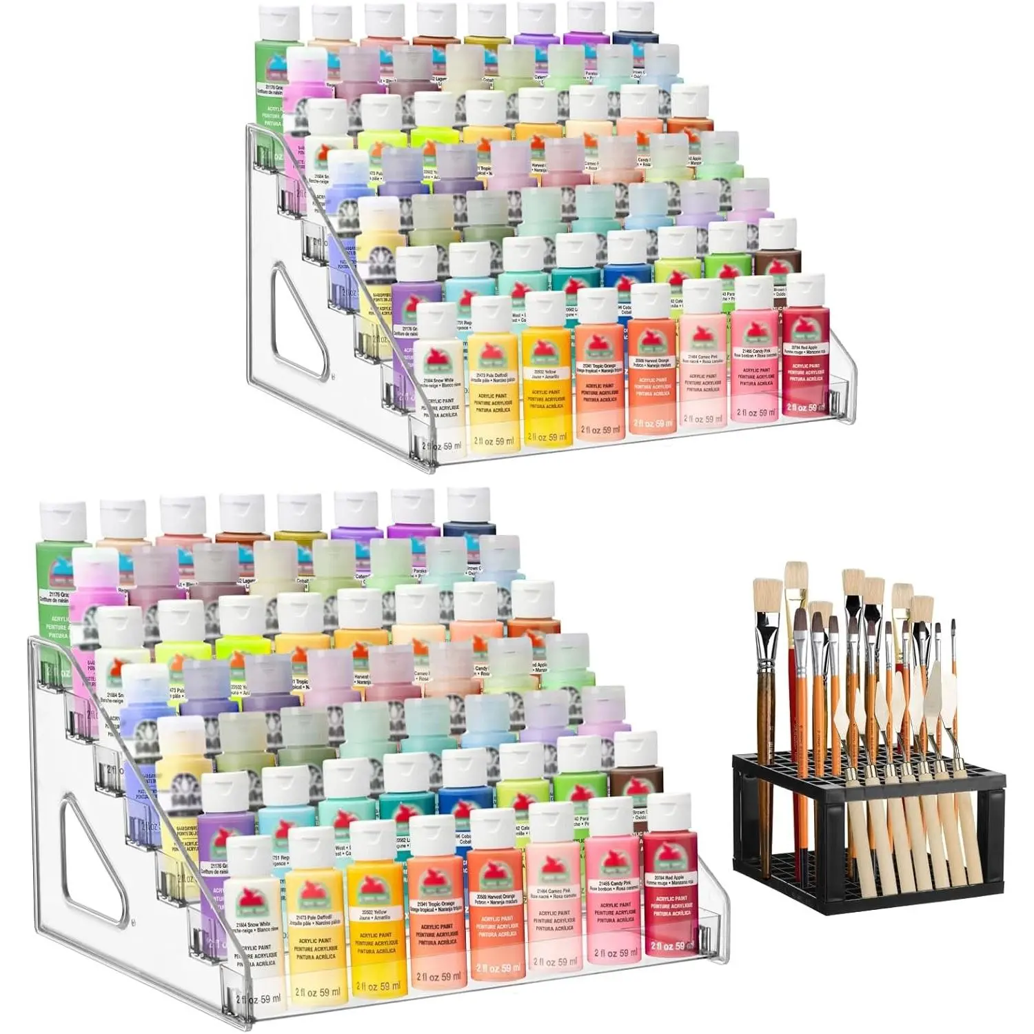 2 Pcs Clear Paint Organizer With Paint Brush Holder,7 Layers Acrylic Paint Organizer,Paint Storage Rack,Craft Paint Organizer Rack,Miniature Paint Holder for Paint Storage